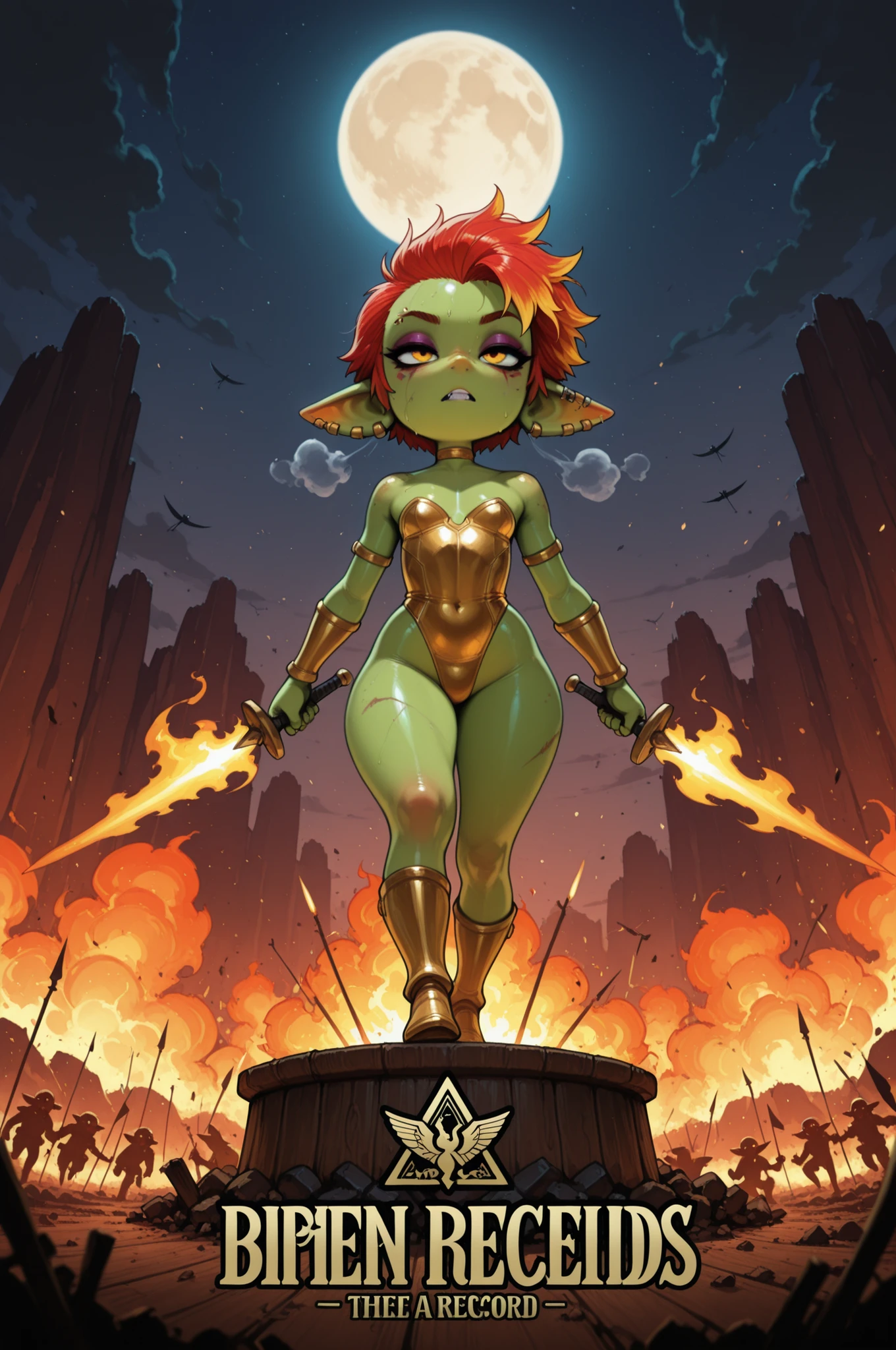 femboy punk, greasy rainbow very short hair, black eye , facial piercings, eye makeup, flat breasts, meduim hips, (goblin girl:1.0) (shortstack:1.0) (green skin:1.0) femboy, crossdressing| Photograph of a vinyl record cover titled "femboy of peace" by "DragonKnights", the text stylized like a metal band logo. The record is sitting on a wooden table. The cover features vibrant, stylized artwork of Scrat dressed in gold armor and wielding a pair of flaming swords running through a battlefield. The cover's background depicts an intense battle, explosions and fire lighting up the night sky. Dragons fly high overhead, breathing streams of fire onto the ground below. Tall mountains loom in the distance, partially obscuring the full moon behind them.