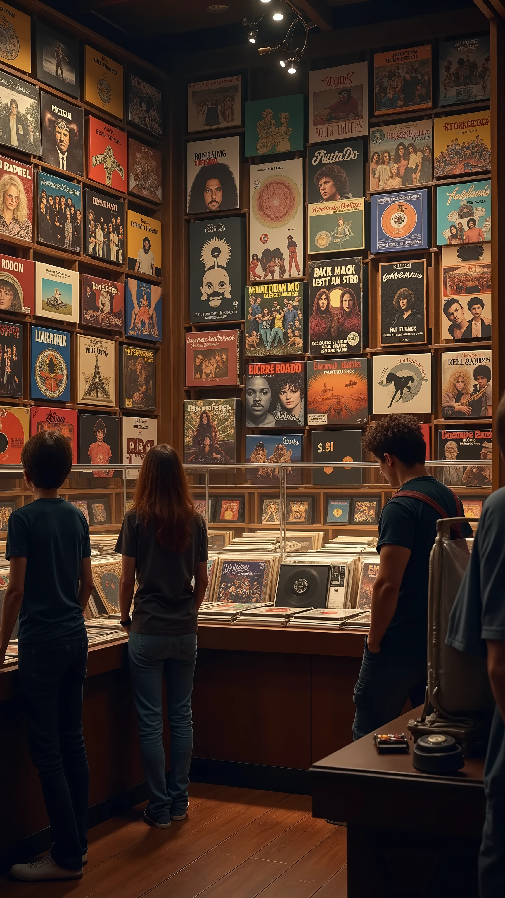 high-definition images、Record shop where various albums of old rock bands from the、Wall to wall１９７０era are lined up, and there is also a record that people are watching in the showcase below、