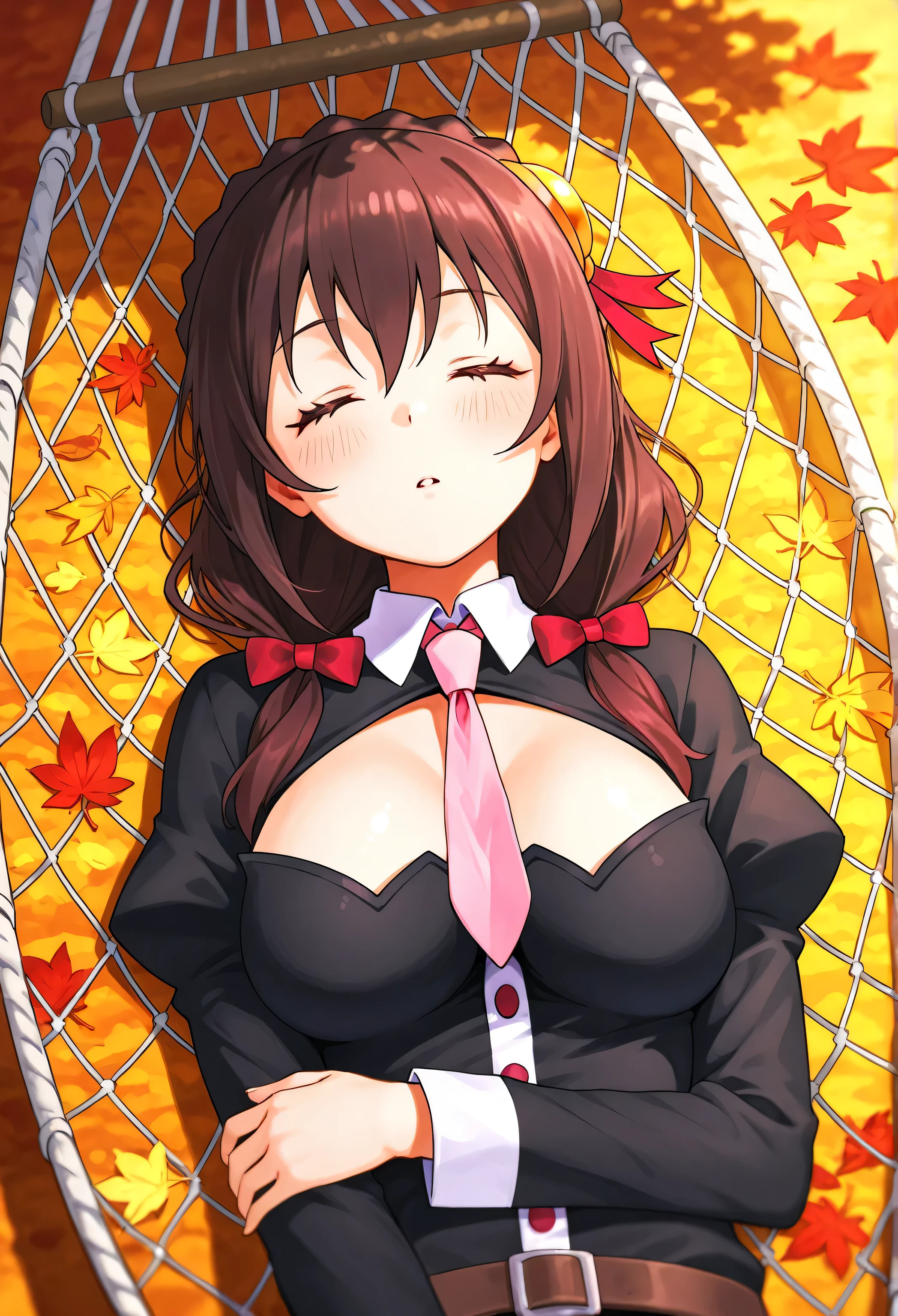 Yunyun konosuba,、blush、(hammockにis sleeping)、outside、hammock、 Highest Quality、happy、is sleeping、Autumn leaves are dancing 、Looking up、、view from above、Sleeping position
