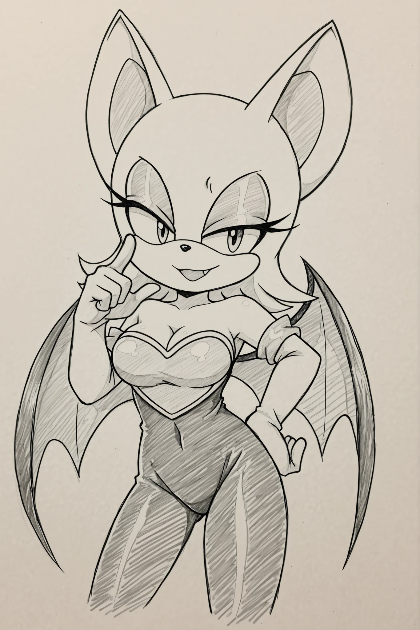 Rouge the bat, cleavage, bbmbbf style, looking at viewer, smile, one hand on hip, posing