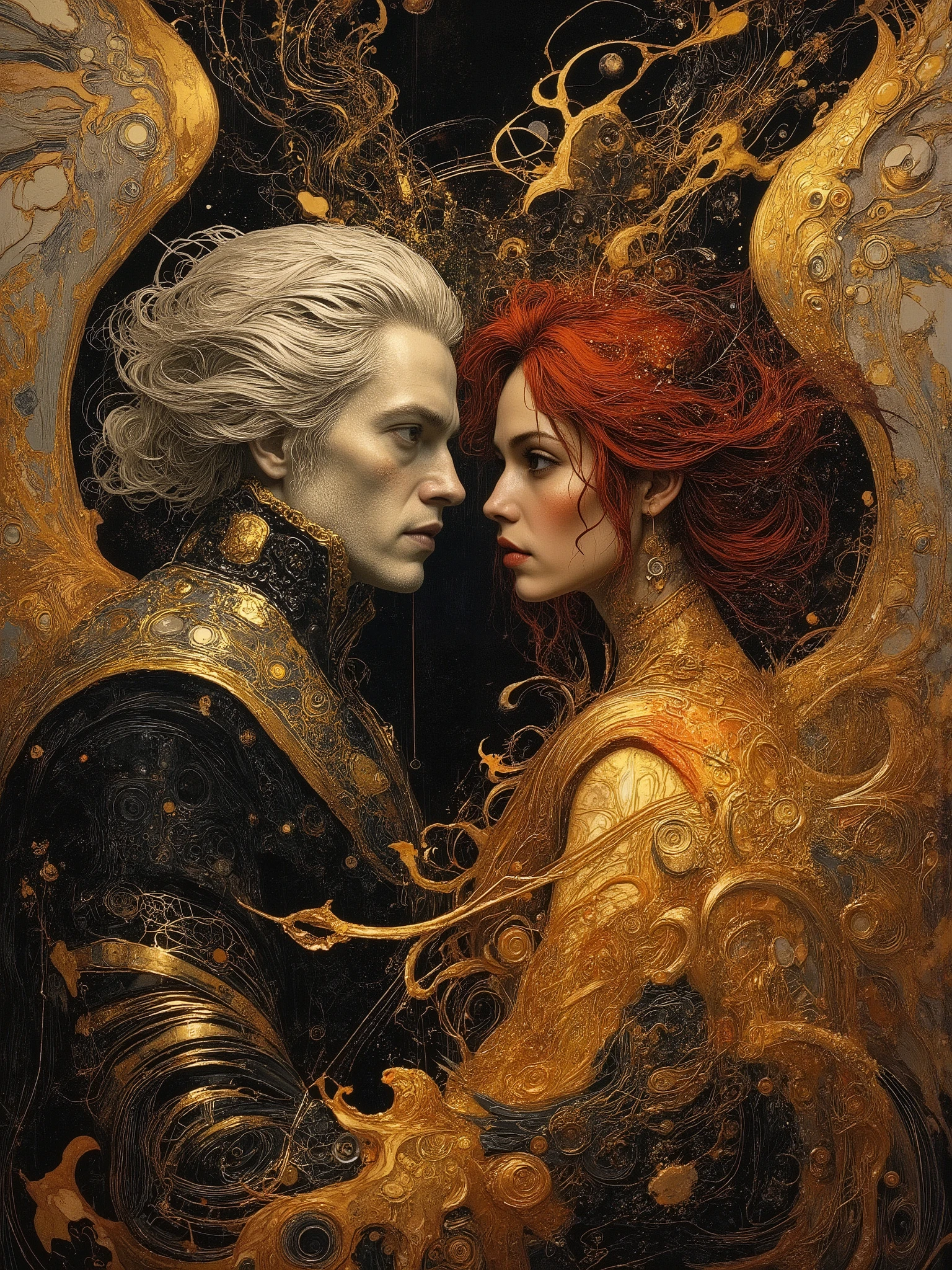 (masterpiece),(Highest quality),(Super detailed),(Ultra-high resolution) , (Best illustrations), 32k, an ancient luxurious temple,dynamic lights, shiny, glitter
Done in a balanced and vivid impressionist style symbolizing harmony of opposites ((and the search for spiritual transcendence through practicing mindfulness of self and psychological clarity, or learning philosophical reason logic and truth, as well as coming to terms with the metaphysical laws of our existence.  In a word, wholeness with the true source.))
A captivating portrait shows an angel and a demon in staring at each other and enraptured. On the left appearing 40, a handsome aquiline looking man with short stylish white hair and a wry expression wears a dark, fancy high-collared coat and other expensive but tasteful accoutrements. He has silver and white feathered wings and a faint glowing halo, symbolizing his angelic nature. On the right looking no more than 28 years old, a beautiful pale skinned woman short of stature with long, red hair is seen wearing a roguish grin and dressed in an eclectic blend ((of street, grunge, secondhand and 1st hand designer finery and God only knows, each piece used to highlight her sensual, seductive nature)) that somehow matches in some bizarre way. She has fiery raven wings, with flames rising behind her, figures are facing each other, their intense gazes creating a powerful contrast between light and darkness and a shocking truth, they long to touch one another and their look is full of love. Massive energies whirl around these 2 and an eclipse of the Sun heralds their union with a foreboding air. Done in a balanced and vivid impressionist style symbolizing harmony of opposites ((and the search for spiritual transcendence through practicing mindfulness of self and psychological clarity, or learning philosophical reason logic and truth, as well as coming to terms with the metaphysical laws of our existence.  In a word, wholeness with the true source.))


