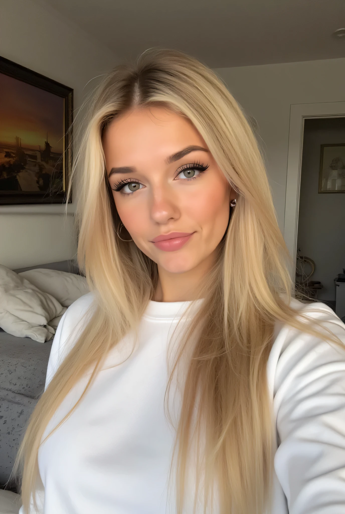 selfie, 1girl , en petite tenue dans sa bedroom, blonde woman, long hairstyle, lips, Gros tour de cou, eye-liner, eye shadow, mascara, smoky eyes, bedroom, natural lighting, visage parfait, emo, big , blanc sweatshirt
