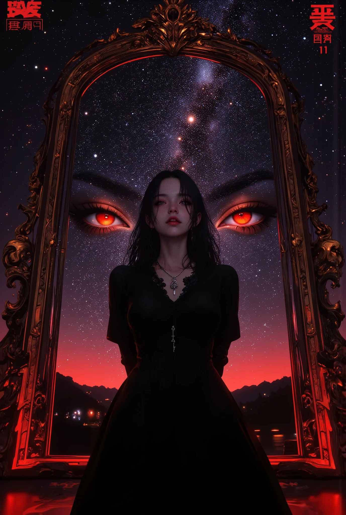 realistic, (1girl:1.5), night time, masterpiece, (full body view:1:7), front view, black dress, hands behind the back, silent atmosphere, (giant mirror on milky way backgroud:1.7), strict expression, perfect face, detailed face, long black hairs,detailed eyes, red yellow eyes, eyes with lots of stars, stars in the eyes, hd, hdr, best quality, lots of details, ultra sharp, ultra detailed, colorful, (mesmerizing eyes:1.4), (captivating smile:1.3), perfect proportions:1.3), (radiant complexion:1.3), (alluring gaze:1.3), (feminine charm:1.4), (timeless beauty:1.4), (highly detailed:1.4), (sharp focus:1.3), (soft lighting:1.3), (dreamy atmosphere:1.3), (rich color palette:1.3), (complementary colors:1.2), (8k resolution:1.3), (octane render:1.3), (ray tracing:1.2), (HDR:1.2), (photorealistic:1.4), (masterpiece:1.5), (award-winning:1.4), (trending on Artstation:1.3),(global illumination:1.2), (hyper-detailed skin texture:1.4), (enchanting:1.4), (mesmerizing:1.4), (unforgettable:1.3), (masterpiece), (best quality), (ultra-detailed), very aesthetic, illustration, disheveled hair, perfect composition, moist skin, intricate details, concept art, digital artwork, illustrative, painterly, matte painting, highly detailed