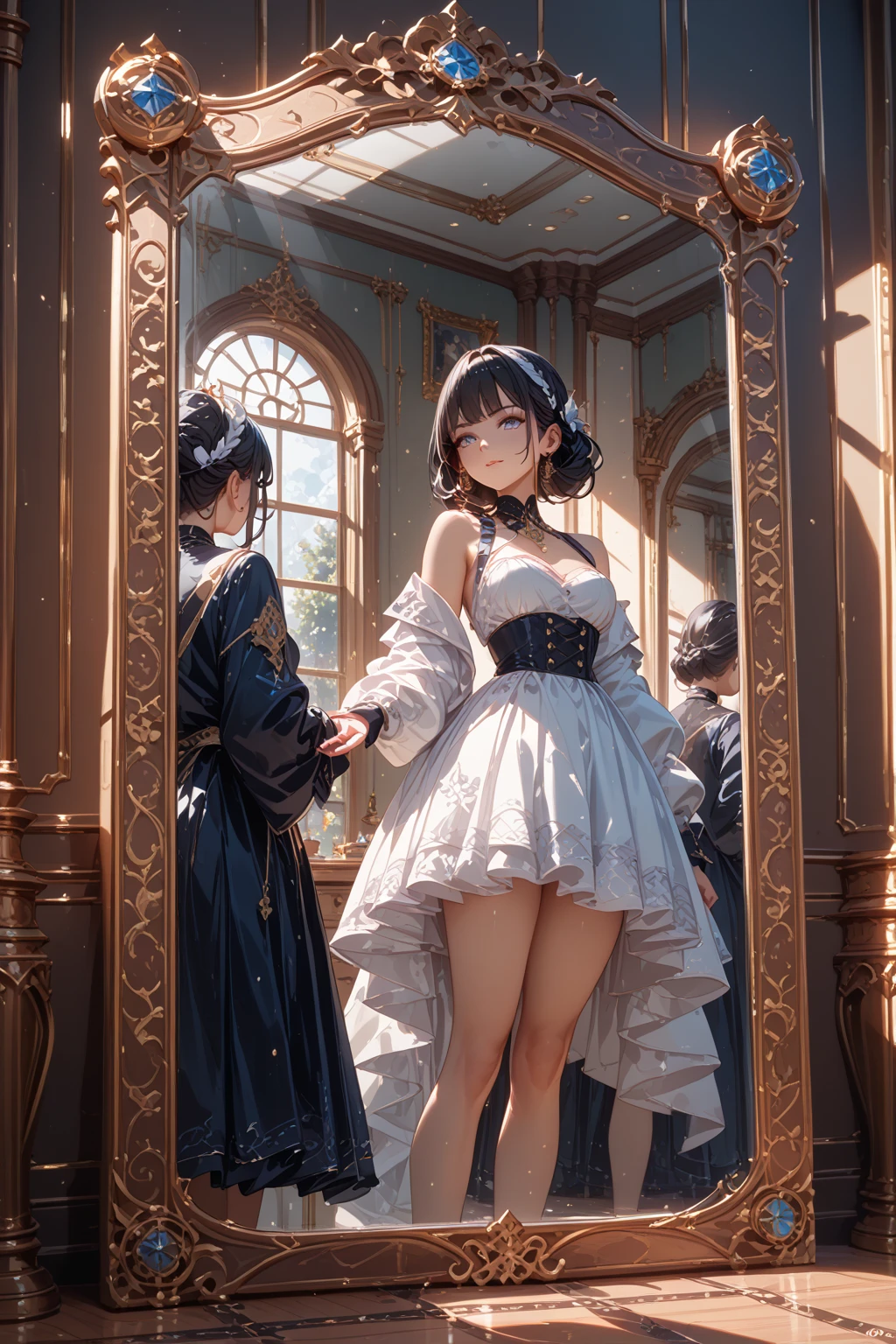 (Masterpiece, Top Quality, Official Art, Beautifully Aesthetic, Beautifully Aesthetic: 1.3, Detailed Detail, High Resolution: 1.4),A magic circle floating on the surface of the water, glowing with a pale and fantastic light, and a lady in a dress standing on top of it,She is illuminated by moonlight under a roof facing the outdoors of a majestic and beautiful temple, She has a beautiful face and shining eyes of brilliant colors, She wears beautiful ornaments and japanese gothic dress of intricate and delicate beauty, Detailed drawings, Vivid colors, High image quality,Subsurface scattering, Shine, Iridecent, ((skirt lift)),((intricate panties)),{{Highest Quality}, {{Ultra Detailed}}, {{Very Delicate and Beautiful}},