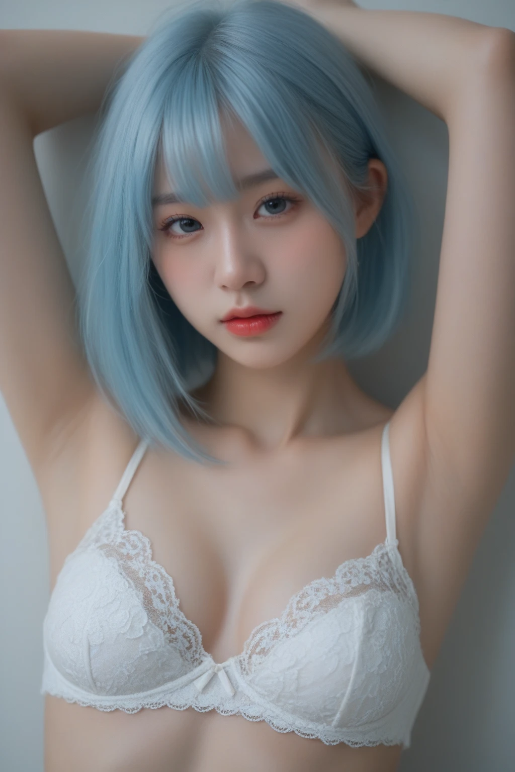 (1 young girl), Anime girl with amazing face and blue eyes, 白衬衫和blue hair, Anime cute art style, Hestia, Anime visual of a cute girl, Water of Conosuba, Produced by Anime Painter Studio, anime grandma, Ayaka original god impact, 动漫the best女孩, cartoon animation, cute anime girl, Gaimoyedre, anime style 4k, Anime girl's eyes, blue eyes, (very beautiful girl), (the bestquality:1.4), (Super detailed), (masterpiece, the best_quality, Super detailed, 8k, ultra high definition, flawless:1.latin blue hair, blue hair，catwoman,, Cat ears, glowing pink eyes, Shy, obey, Blushed, wet oily skin, on the bed, Big deal胸, heart tattoo above, , Big deal腿粗, Beautiful hip curves, 巨Big deal, only, tight skin, scantily clad,White lace top, collar, facing the audience, Windows, bedroom, midnight, Sexy,,japanese goddess, cardigan shirt, korean girl, 美丽的Asian girl, V-shaped bust clothes, low cut，巨Big deal，Expose the upper half of the chest，not compact，下垂的Big deal胸，Gorgeous Chinese model, Beautiful young Korean woman, Japanese model, thick lips，duckbill，Asian girl, Beautiful young Korean woman, wearing shirt, Beautiful Korean woman, 坐on the bed, Looking to the future,巨Big deal，Big deal，up,portrait photo，super closeup,face camera，Take photos carefully，double tail，，European and American women，，Mature