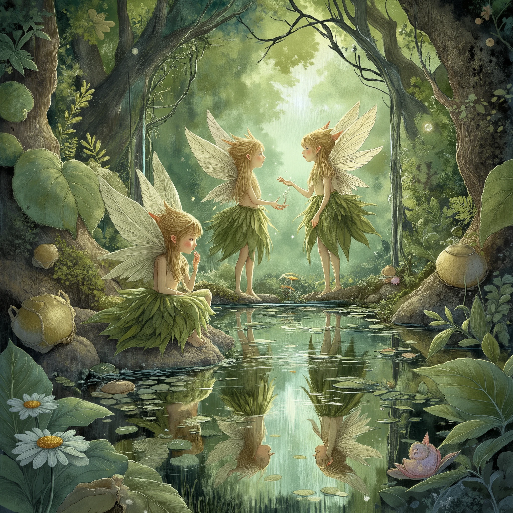 fairy tales,fairyforestlora,a digital illustration of,in the style of adilson-farias,Fairies in the Kingdom of Mirrors、a mysterious world、the other side of the mirror、fantastic views、Fairy Adventures、blond hair、pointed ears、Pale skin、Translucent feathers、Leaf Dress、fantasy elements、Magical Atmosphere、bright colors、The Line Between Real and Unreal、Mysterious Characters、 reflection in a mirror similar to a tiger 、Otherworld、High Quality Illustrations、Detailed Exquisite、fantastic light、Surreal Composition、Dreamy Atmosphere、3D Effects、Escapism、 Dreamy Texture 、beautiful design、creative art、vivid details