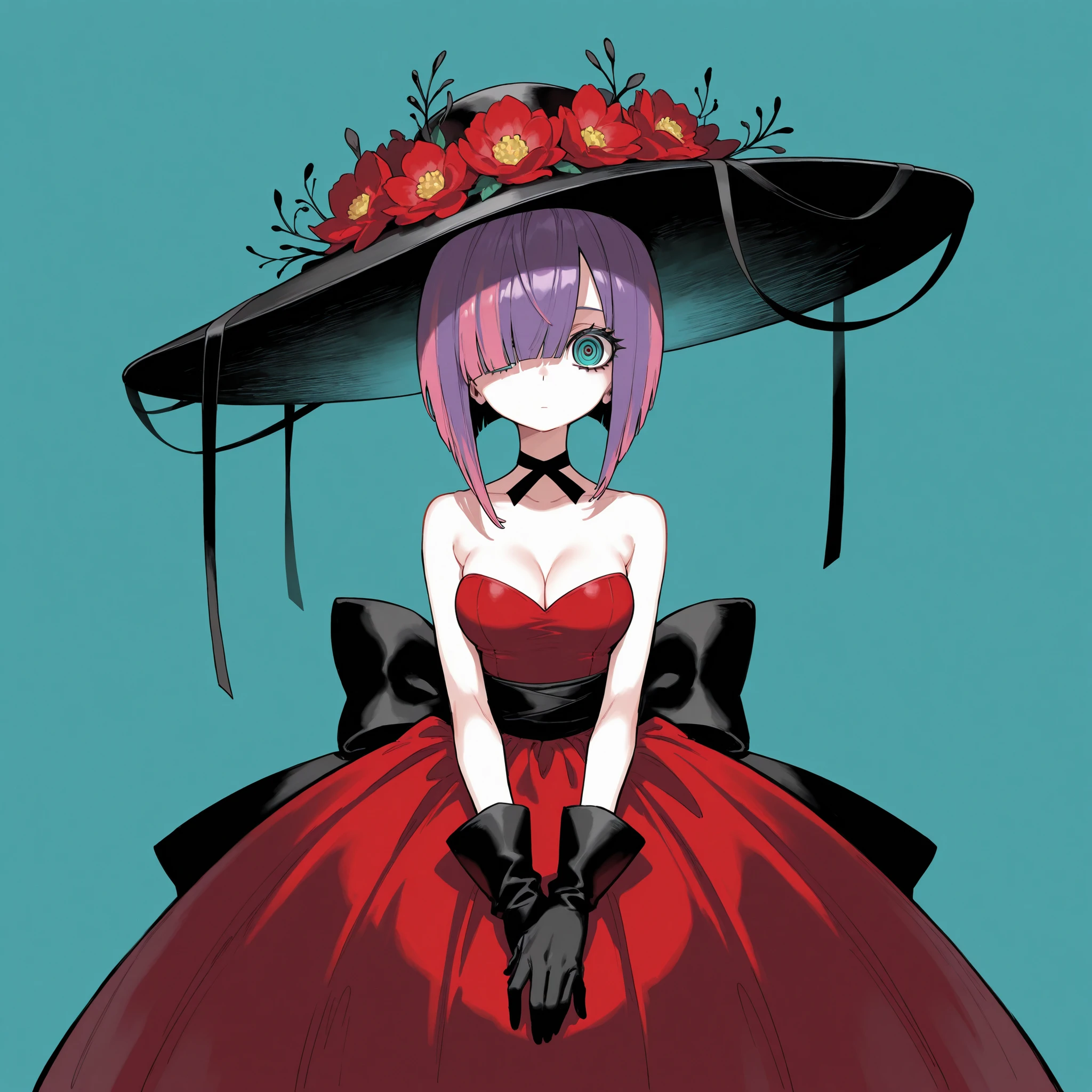 masterpiece, ultra-HD, impressionism, high detail, best quality, very aesthetic, 8K, best quality, beautiful, ultra-high resolution, 32K UHD, sharp focus, atucag, 1girl, solo, short hair, bob cut, blunt bangs, hair covering one eye, hair over one eye, multicolored hair, pink hair, violet hair, asymmetrical hair, almond-shaped eyes, turquoise eyes, eyelashes, black eyeliner, ringed eyes, circled eyes, mouthless, no mouth, medium breasts, barrow waist, wide hips, slim, petite, red ball gown dress, cleavage, black long gloves, hat with flowers, bare shoulders, black big ribbon, waist ribbon, very long skirt, puffy skirt, expressionless, cute, hands on lap, standing, looking at the viewer, simple background, front view