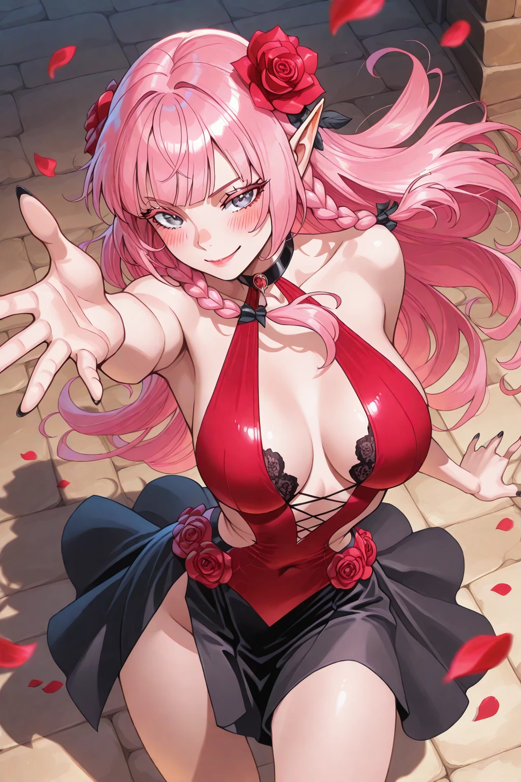 8k, RAW photo, best quality, masterpiece:1.2,1girl,mature female,cleavage,((White_hair:1.2)), (glowing red pupils), (red devil horns), (Devil smile), (((body painting Flower))),(((paint wall))),(cowboy shot),nude,wet skin:1.2