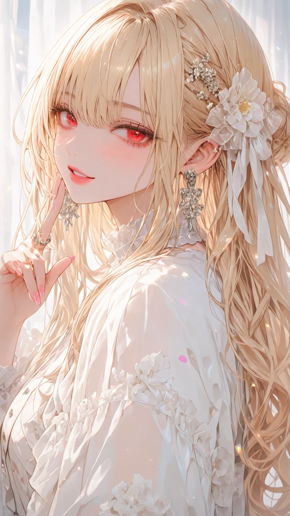 she has light-colored hair and red eyes,  with dark blond hair. Her hair varies between platinum blond, white, or silver, while her eyes have also been depicted as pink or a dark red hue.  SPARKLE; GLITTER