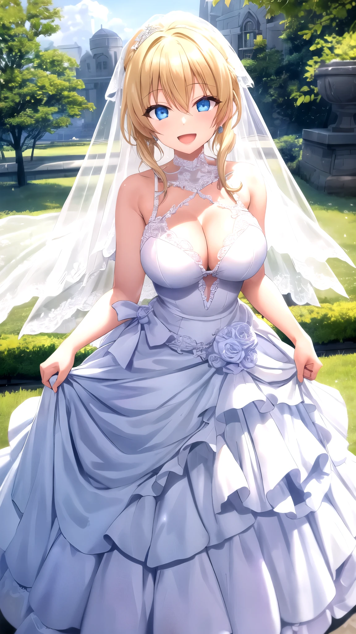 masterpiece, best quality, high quality, girl, solo, looking at viewer, yuuto_kiba, blonde hair, blue eyes, hair between eyes, large breasts, wedding Dress, standing, smile, open mouth, outdoors