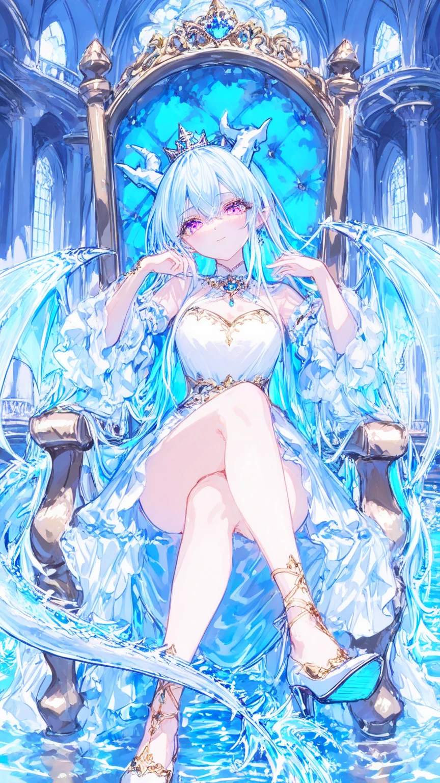 (((A close view: 1.4))) of an anime teen girl, (sitting on (((marble floor: 1.9))) of a (palace: 1.7)), (((??????????))), (barefoot), cinematic light, slim body with curves, skin is perfectly white, soft, and smooth, ((no ????)), Extremely delicate and beautiful CG illustration, best quality, high resolution, dynamic angle, full-length lens, (1 girl), floating, soft light, high-key lighting), glowing light, blue halo, feathers fluttering background, blue crystal, ((((wearing nothing but a white (transparent) tank top: 1.5))))