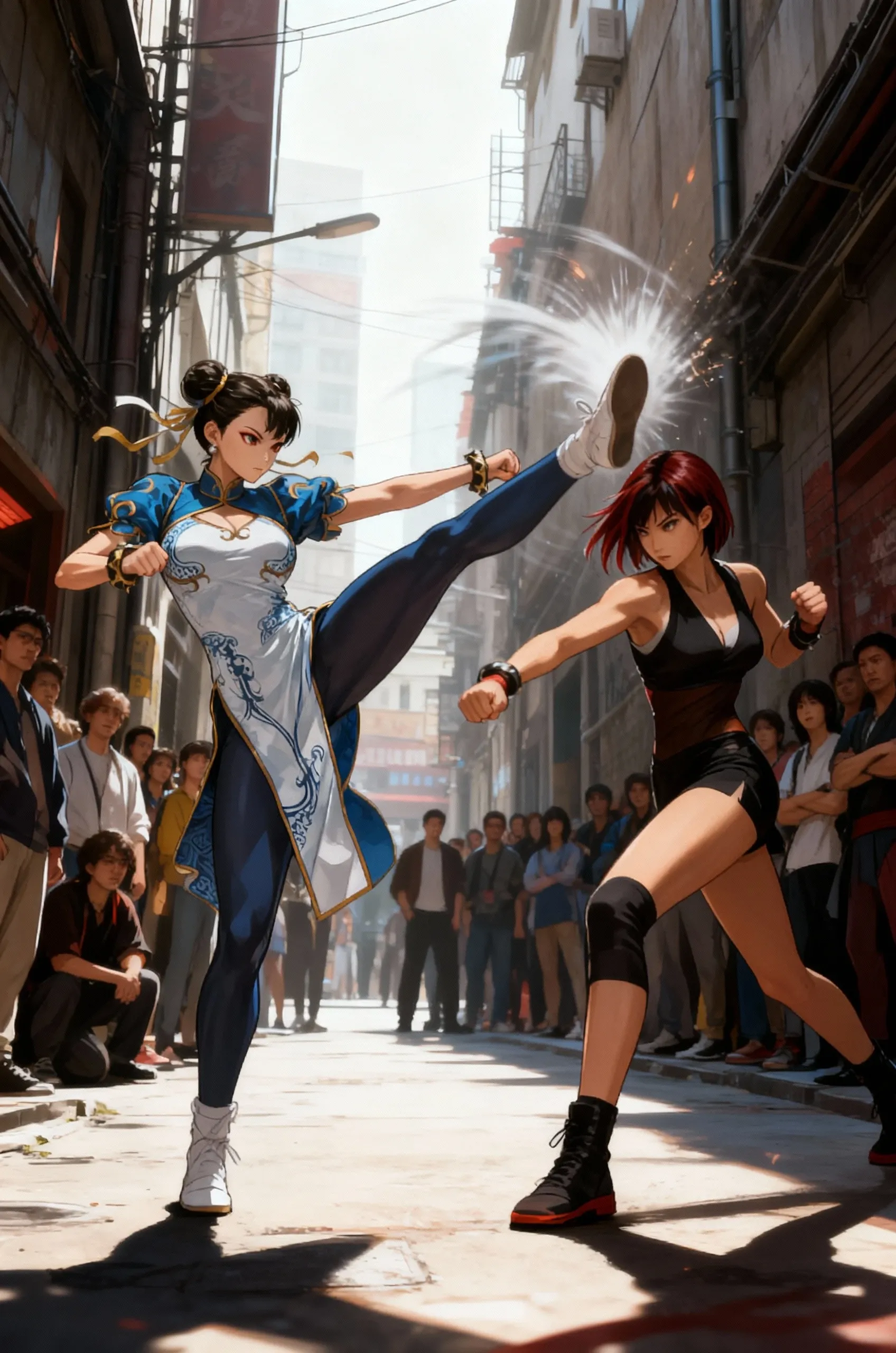 masterpiece, best quality, 2.5D, realistic
<lora:Fighting scene [IL]:0.7>  fight_scene, battle, , 2girls, motion blur,  punching, kicking, 
chun-li, tifa lockhart,