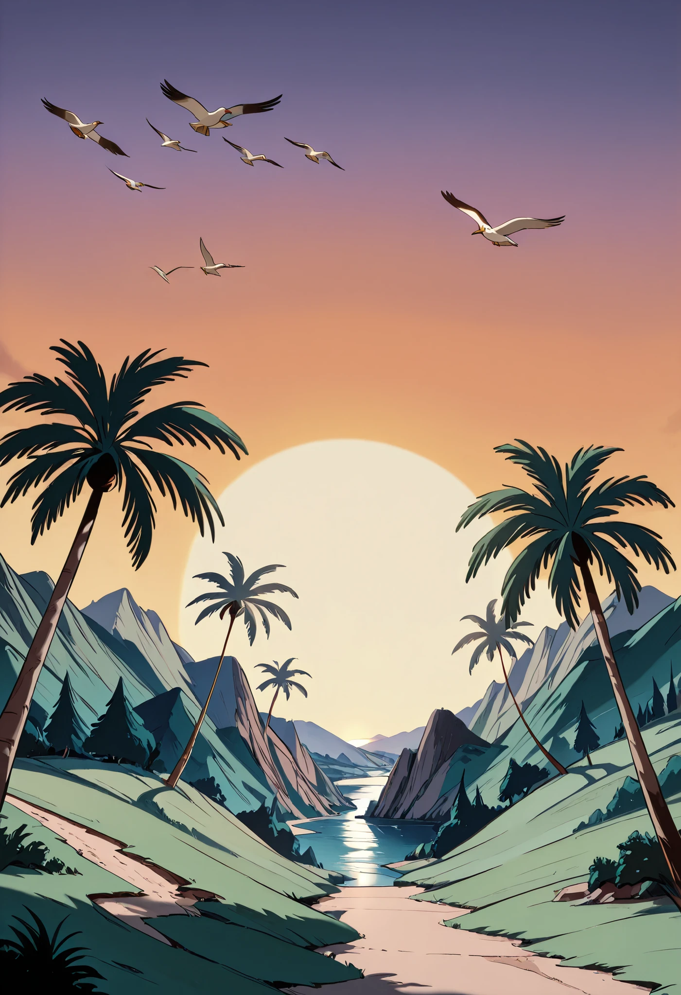 (masterpiece, vibrant colors), disney animation, landscape shot, dusk hours, sun setting, verdent green highlands, scattered palm trees in the scene, river passing through, a flock of pelicans in flight, peter pan 1953 artstyle