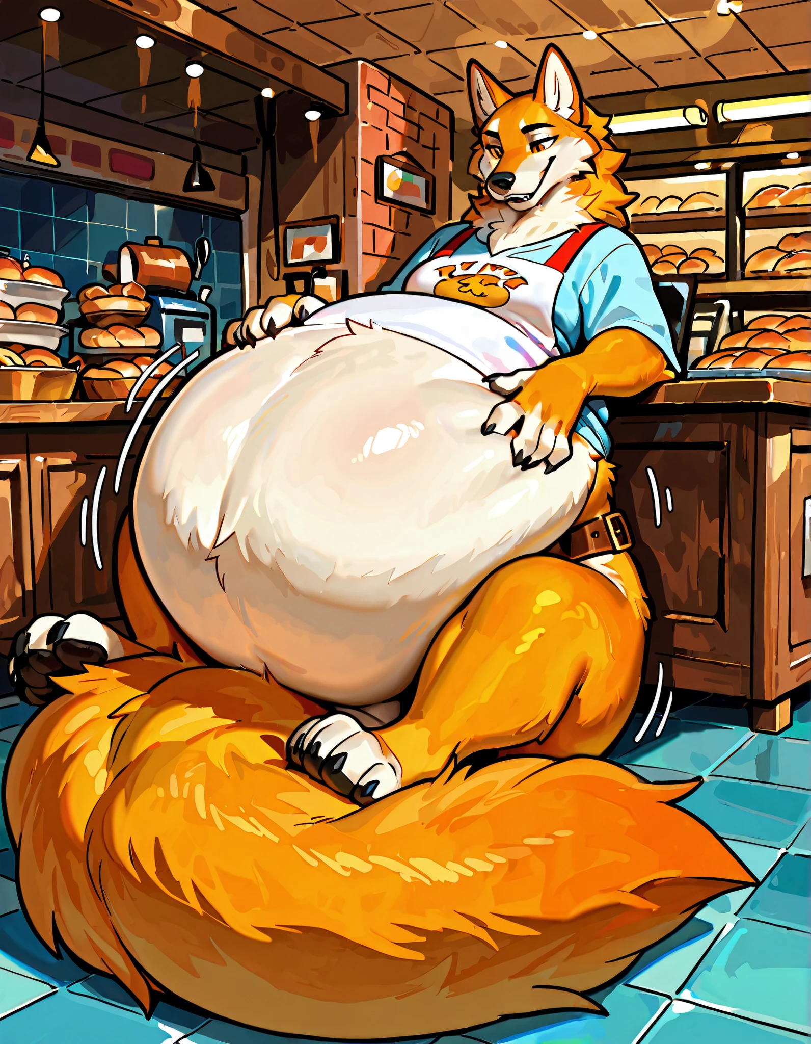 4k ultra quality, 4k full body view,(ultra high detailed body),(wolf taur:1.3),by mystikfox61, by glitter trap boy,feral paws, by bebebebebe,by morethreedee, by seibear,sharp nails,((sfw)),(ultra detailed face),detailed eyes,big tail,(hyper tail:1.2),(detailed tail),fluffy belly,enomorous tail,bigger tail,huge tail,volumetric light,fluffy paws,(wolftaur), beast,(bigger lower body),(thick legs:1.2),(thick paws),master works, super fine, 4k resolution, high quality,high picture detail,illusory engine, Masterpiece,enomorous taur belly, huge taur belly,(hyper belly:1.1),(wearing shirt),((smaller head)),((enomorous body)),(thick paws),(light orange fur),cream belly fur,creae taur belly fur,big mouth,belly bed,lying,mouth open,big packs,leather belts,multiple belts,(pastel style),in a bakery,(apron),carrying a tray,struggling belly, stretchy belly, tight bulges, struggling stomach, writhing belly,(sitting),(vore:1.5),(plug),hugging belly,(round belly),smooth belly