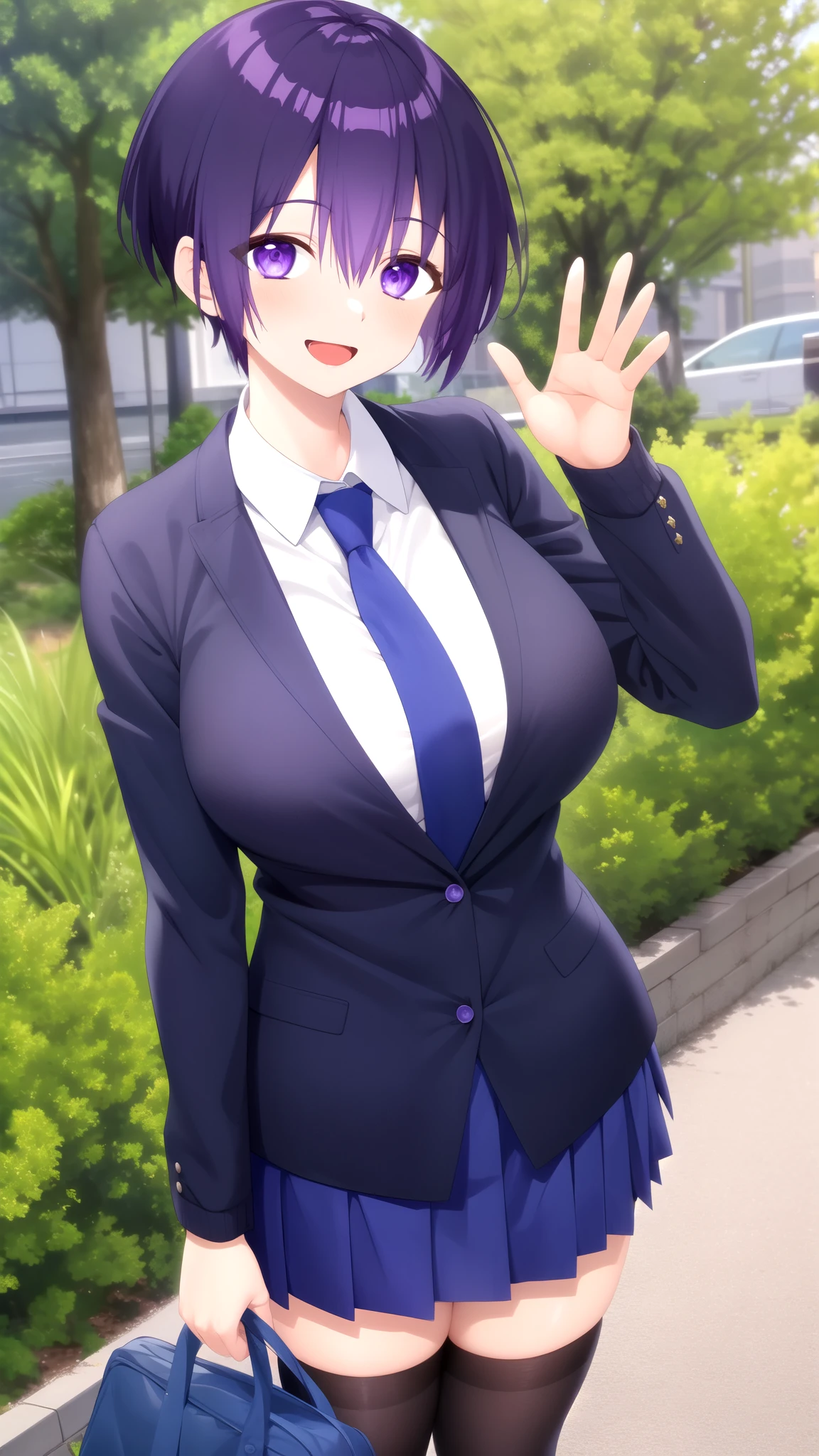 masterpiece, best quality, high quality, girl, solo, looking at viewer, yuuki_izumi, purple eyes, purple hair, large breasts, blue jacket, cropped jacket, black necktie, white shirt, collared shirt, blue skirt, pleated skirt, black thighhighs, standing, smile, open mouth, outdoors