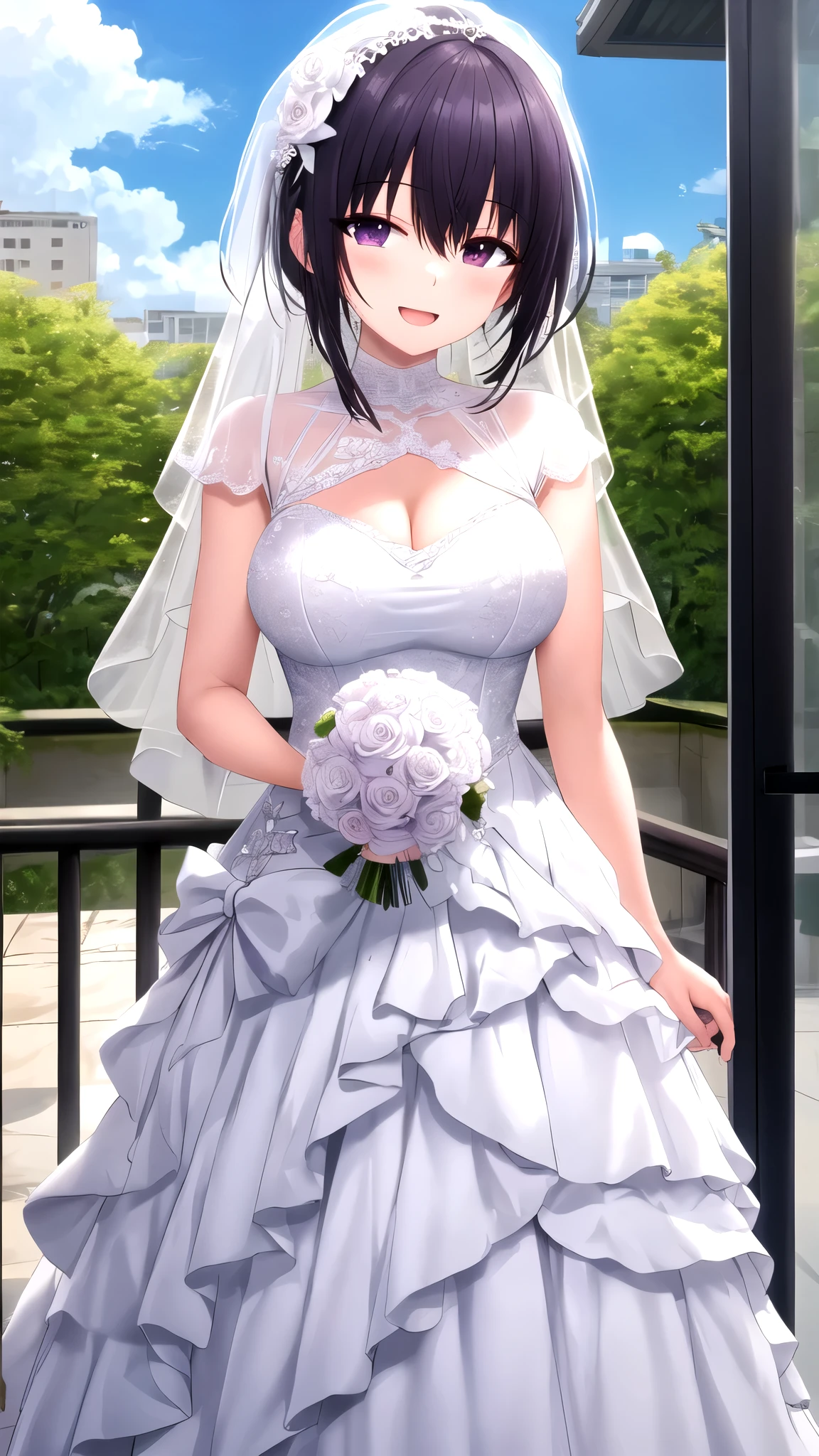 masterpiece, best quality, high quality, girl, solo, looking at viewer, amane_fujimiya, , wedding Dress, standing, smile, open mouth, outdoors 