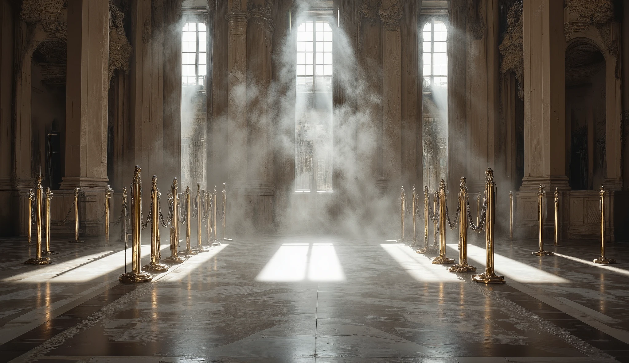 The scene takes place inside an opulent, historic building with grand architectural design — marble floors with intricate geometric patterns, tall columns rising to ornate ceilings, and classical details bathed in soft, diffused daylight. The ambient light filters through large windows, creating a mix of warm and cool tones, with subtle shadows enhancing depth and realism. The atmosphere is slightly misty, as if the air carries a fine haze of dust or smoke, giving the scene a cinematic, almost ethereal quality. Golden ropes and polished brass stanchions subtly mark restricted areas in the background, suggesting importance or exclusivity. The environment feels calm yet charged with tension, echoing a sense of espionage and high-stakes intrigue.