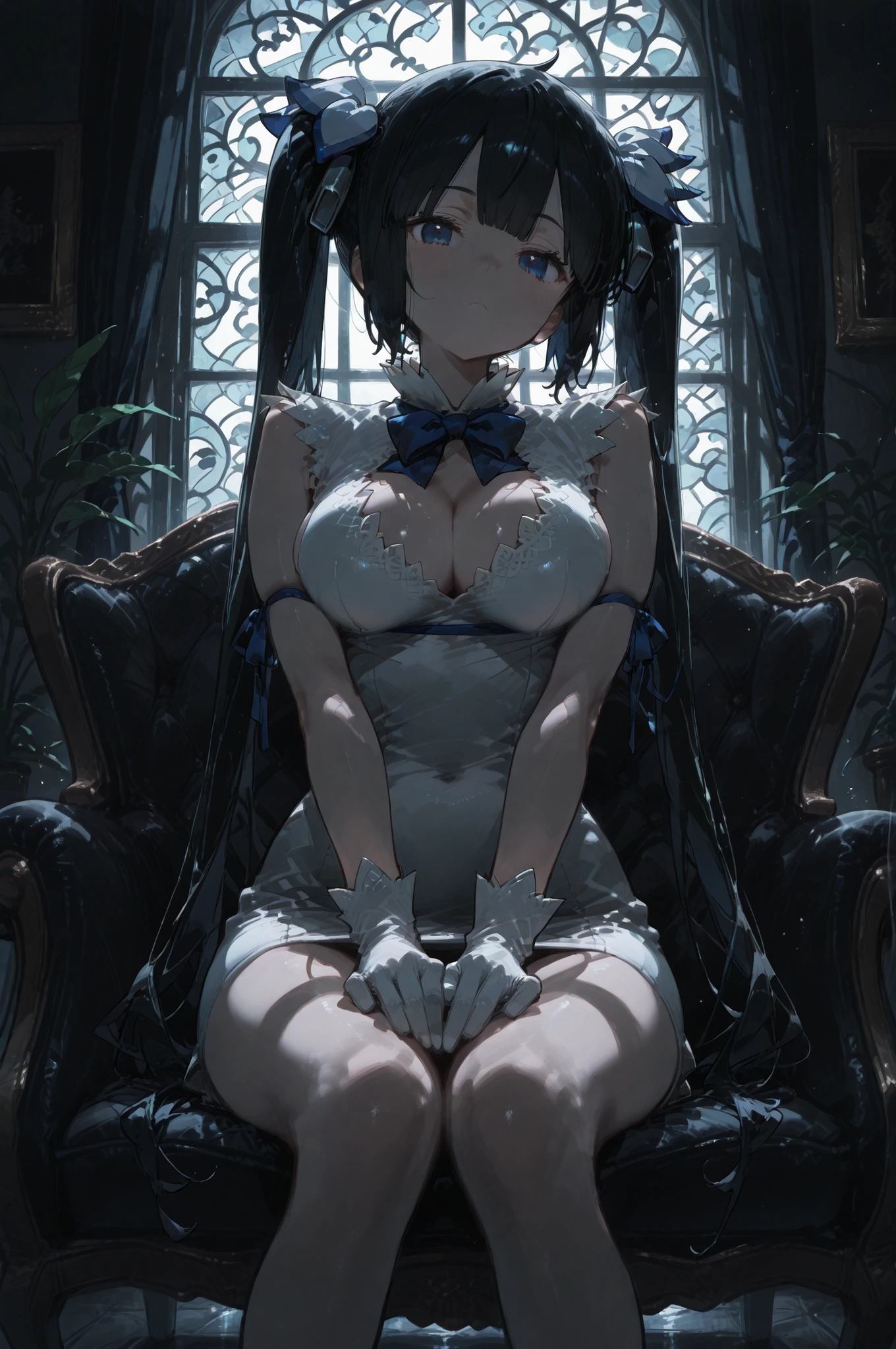 hestia, hestia \(danmachi\) blue eyes, black hair, twintails, large breasts,,barefoot, blue bow, blue bowtie, bow, bowtie, cleavage, cleavage cutout, clothing cutout, dress, gloves, pencil dress, rei no himo, short dress, white dress, white gloves,,高品質, 傑作, 超高精細, ダンジョンに出会いを求めるのは間違っているだろうかのヘスティアが微笑む愛らしい姿, 長い黒髪が二つのポニーテールに結ばれ、青いリボンで装飾され、大きな青い瞳と小さな鼻、愛らしい笑顔が特徴的な可愛らしい顔立ち, 特徴的な白いミニドレスを着ており、胸元と背中が大きく開いたデザインで、青いリボンが胸の下で交差して体を包み込むように巻かれている, 白い手袋と白いブーツを身につけ、全体的に清楚でありながらも可愛らしさを強調したコーディネート, 彼女はベルの住む教会の中庭に立ち、両手を胸の前で軽く組み、少し頭を傾げて微笑んでいる愛らしいポーズ, 表情は明るく元気で、少し頬を赤らめた表情が初々しさと可愛らしさを演出している, 背景には古い教会の石造りの壁と美しいステンドグラスの窓、そして小さな庭園が広がっている, 柔らかな日差しが彼女を優しく照らし、髪や服に自然なハイライトを作り出している, 衣装のディテールは細部まで丁寧に描かれ、リボンの質感や布地の折り目、装飾の細部まで精密に表現されている, 彼女の周りには小さな花々が咲き、そよ風で少し髪が揺れている様子が動きを感じさせる自然な表現, 全体の色調は明るく温かみのある色彩で、白と青を基調としながらも、背景の石造りの茶色や緑の植物との調和が取れている, 彼女の仕草は可愛らしく自然で、神様としての威厳よりも、ベルへの愛情と少女らしい無邪気さが強調されている, 画面全体からは明るさと温かみが伝わり、ダンまちの世界観の中でも特に親しみやすいヘスティアの魅力を捉えた作品となっている