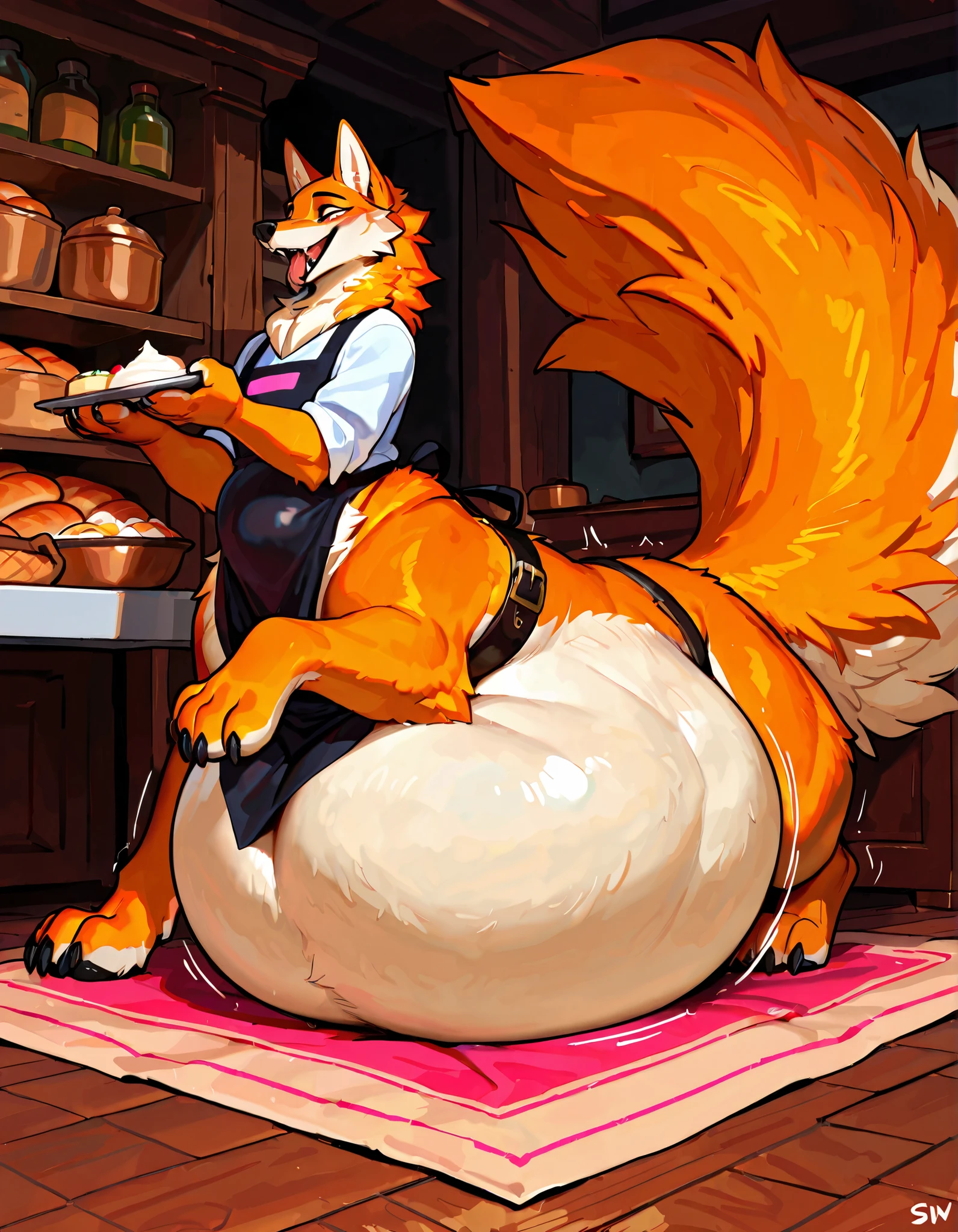 4k ultra quality, 4k full body view,(ultra high detailed body),(wolf taur:1.3),by mystikfox61, by glitter trap boy,feral paws, by bebebebebe,by morethreedee, by seibear,sharp nails,((sfw)),(ultra detailed face),detailed eyes,big tail,(hyper tail:1.2),(detailed tail),fluffy belly,enomorous tail,bigger tail,huge tail,volumetric light,fluffy paws,(wolftaur), beast,(bigger lower body),(thick legs:1.2),(thick paws),master works, super fine, 4k resolution, high quality,high picture detail,illusory engine, Masterpiece,enomorous taur belly, huge taur belly,(hyper belly),(wearing shirt),((smaller head)),((enomorous body)),(thick paws),(light orange fur),cream belly fur,creae taur belly fur,big mouth,belly bed,lying,mouth open,big packs,leather belts,multiple belts,(pastel style),in a bakery,(apron),carrying a tray,struggling belly, stretchy belly, tight bulges, struggling stomach, writhing belly,(sitting),(vore:1.5),(plug),hugging belly,(round belly),smooth belly