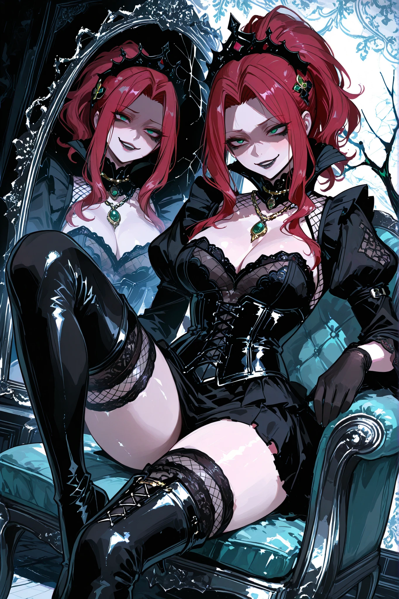 Malty S Melromarc \(tate no yuusha\) a woman sitting on an armchair, at herself in a mirror, reflecting in the mirror, mansion,and a light, She is extremely sadistic,staring intently at her reflection in a large ornate mirror in front of her, REFLECTION clearly shows a 20-year-old version, her body is slim and her expression is intense and menacing. and she is wearing black fishnet top with a high collar. she is sitting on a chain, with a hint of a smile on her face.and she is wearing black corset, black thigh-high stockings, and black high heels, creating a sensual atmosphere. the background is a dark, abstract black with white, twisted branches, creating a sense of depth and dimension. 1girl, solo,unrivaled beauty, little insane, shaded face, evil smile, naughty face, makeup,slender body, shiny skin, black eyeliner, douyin eyes, nice eyes, lipstick,, black eyeshadow, thigh boots, crown, black dress, necklace , black gloves, black lips, cleavage, goth fashion, minidress,green eyes, red hair, ponytail, necklace, pendant,psychopathic smile , creepy smile grimdark, hair ornament,red hair, parted bangs, symmetrical sidelocks, Another Dimensional Space, yandere, horror \(theme\) , dark room , Cracked screen, colored eyelashes, good-looking, lips, thigh and calf lines, dramatic angle, clothing texture, detailed eyes, beautiful face, beautiful girl, beautiful body, beautiful hair, ((Detailed background :1.5)). (HD eyes:1.4), ((4k,8k,Ultra HD)), {perfect body},cute face, soft lips, 