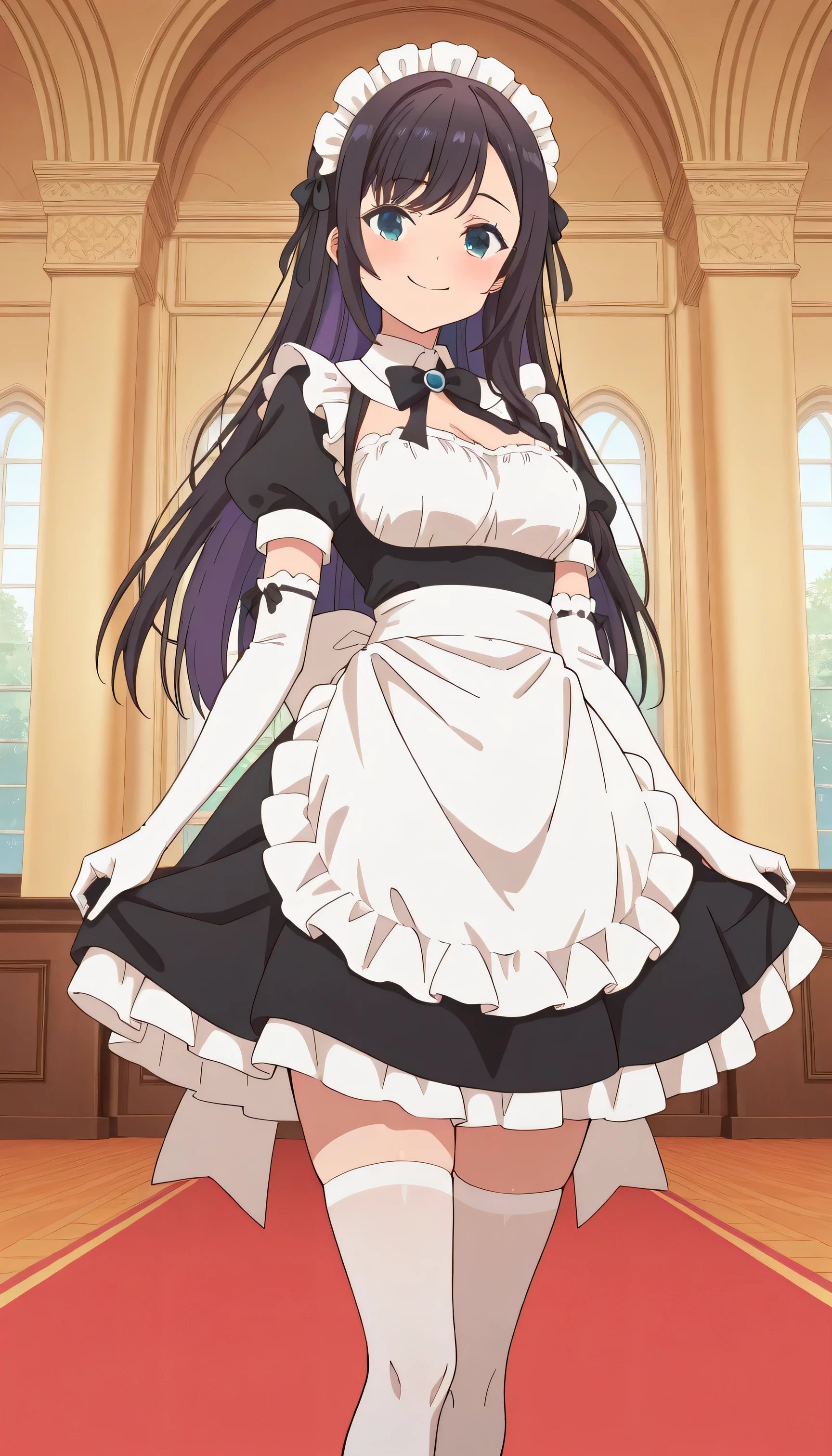 Score_9, score_8_up, score_7_up, source_anime, alina clover (girumasu), solo, long hair, multicolored hair, black hair, purple hair, swept bangs, black hair ribbon, single braid, blue eyes, (green eyes:0.8), (best quality), (high quality), {masterpiece}, extremely delicate and beautiful, ultra-detailed, beautiful detailed eyes, maid, black maid costume, short sleeves, puffy sleeves, white headdress, white frilled apron, white elbow gloves, white thighhighs, mansion, indoor, smile, closed mouth, standing