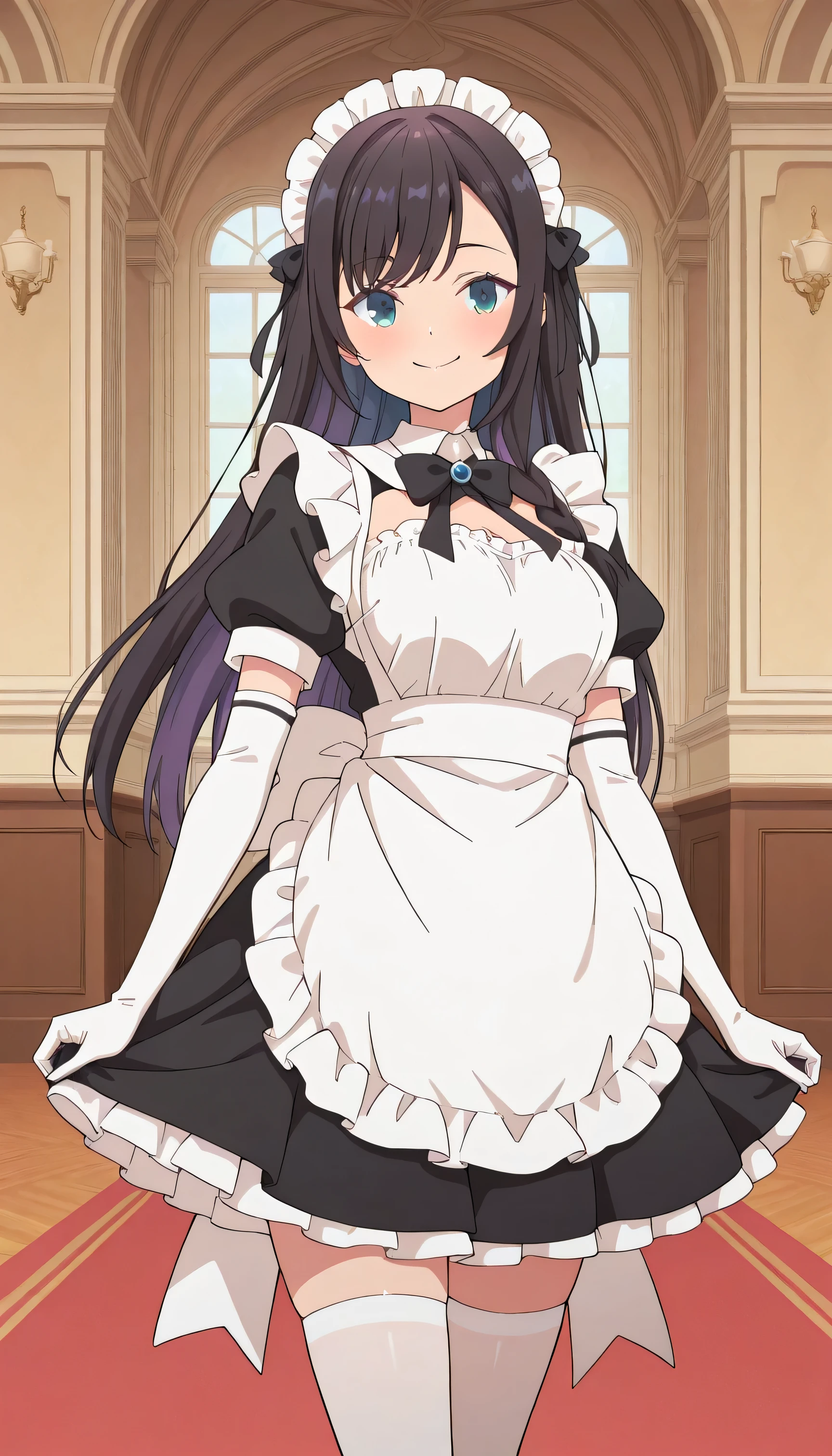 Score_9, score_8_up, score_7_up, source_anime, alina clover (girumasu), solo, long hair, multicolored hair, black hair, purple hair, swept bangs, black hair ribbon, single braid, blue eyes, (green eyes:0.8), (best quality), (high quality), {masterpiece}, extremely delicate and beautiful, ultra-detailed, beautiful detailed eyes, maid, black maid costume, short sleeves, puffy sleeves, white headdress, white frilled apron, white elbow gloves, white thighhighs, mansion, indoor, smile, closed mouth, standing
