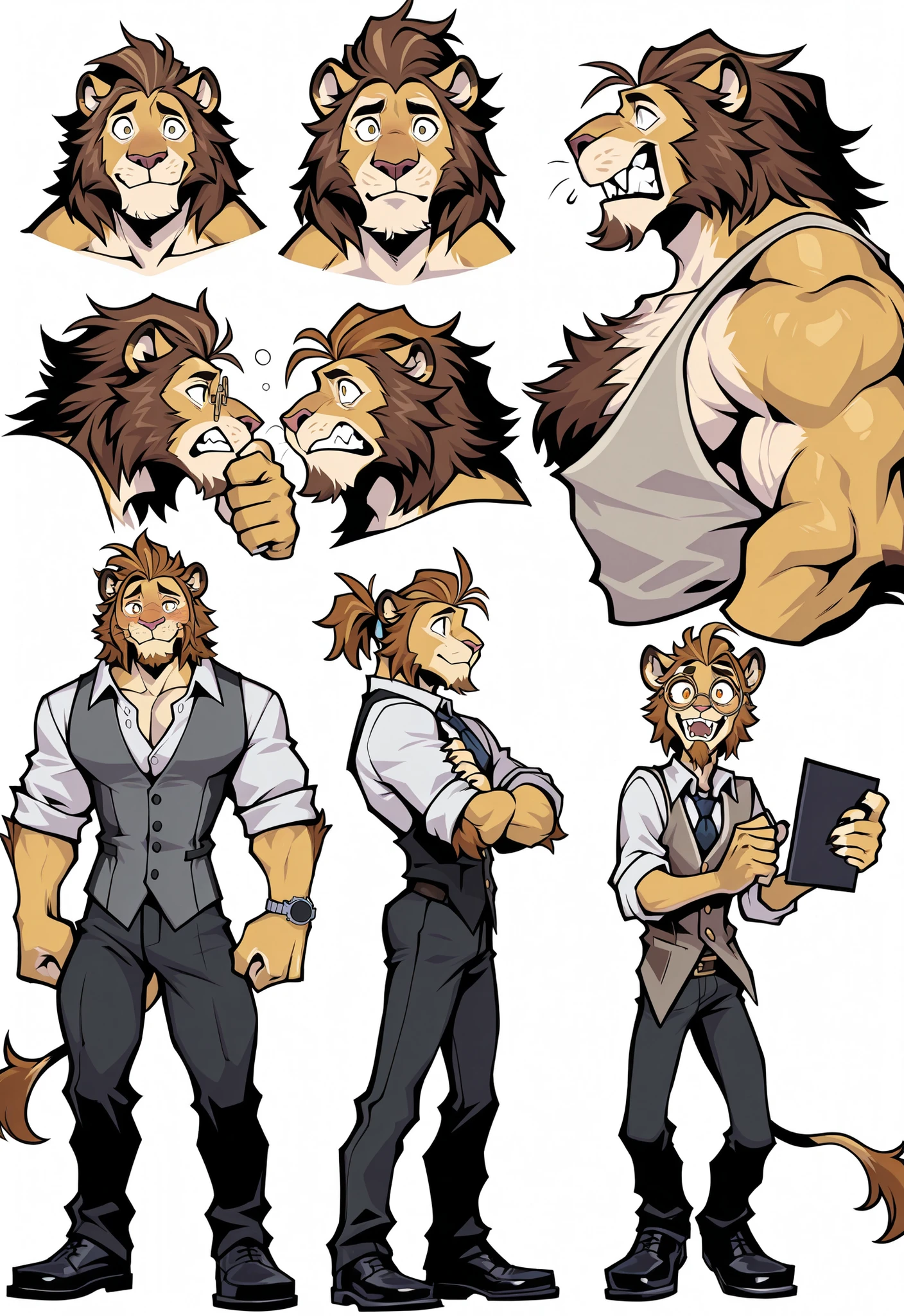Experienced furry character reference sheet adoptable for Cornelius, masterpiece , modern day alternate universe, no background, fullbody, multiple views , best quality , masterpiece , masculine , character sheet , dungeon & dragons , visual novel , featured on Pinterest , dynamic.
Cornelius is an anthro lion man who cosplays as the Cowardly Lion from "The Wizard of Oz"! A big dumb hunky jock lion! Muscular, shy, scared, terrified expression, horrible posture, best Quality, high quality, ultra high resolution, Exquisite Face, handsome, , muscles, hair, Abdominal muscles, null-ghost,Takemoto Arashi, . Score_9_up ,Score_8_up ,Score_7_up ,Score_6_up, best quality, masterpiece, ((Cornelius is a middle-aged medium anthro muscular brown and tawny lion man with slick hairstyle and a ponytail, posh attitude, lion, gentleman, male, bat, furry, strong jawline, stud, perfect lion face, perfect hands, 5 fingers, no defects, smile, lion ears, royalty, no markings, no watermark, feline, has brown hair, clean shaven goatee, masterpiece, best quality, Broad shoulders, wears tiny round glasses, high details, perfect eyes, award winning, highres, HD, 16k, fancy watch.