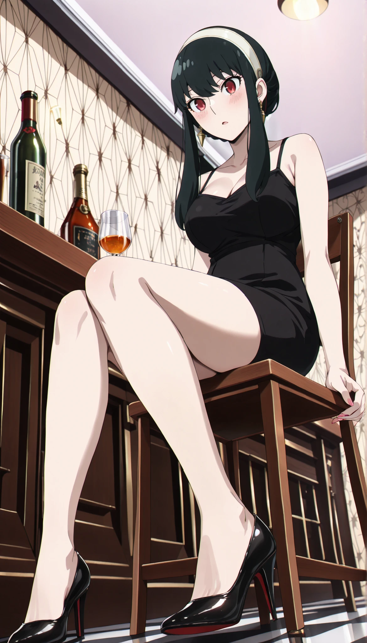 (((Yor Forger(SPY×FAMILY) ))),((cute)),black tight camisole dress,thighs,cleavage,Bare legs,high heels,(((Medium Breasts))),dark haired,bar,Sit on a chair,(low angle),Ulchan - 6500-v1.1, (RAW pictures:1.2), BEAUTIFUL DETAILS, very detailedな目 美しい目,beautiful eyes,red eyes,Large File Size, high resolution, very detailed, top quality, [masterpiece:1.6], Awareness-raising, very detailed, CG, fine, top quality, 8K Wallpaper, perfect body,very detailed