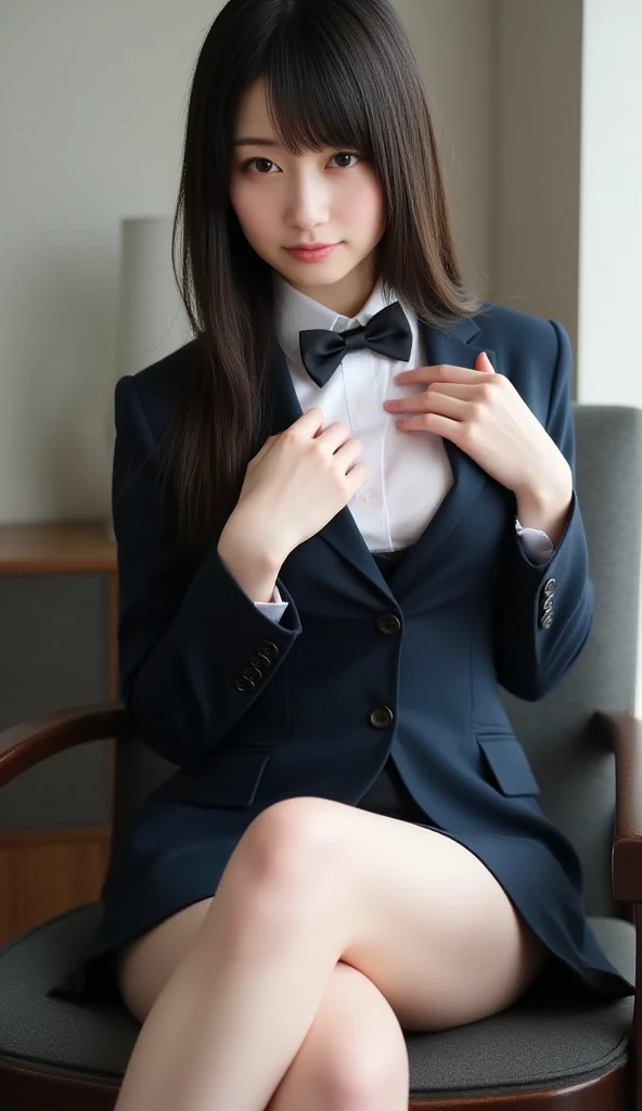 Unbelievably beautiful woman, (smoky eye makeup:0.85), (Have ???????????, insert it in your ?????:1.2), 15 years old, Neat face, a baby face, Happy face, Tie and skirt, pony tail, (Best Quality, 8K, master piece :1.3), Lovely smile, emotional, (gleaming skin, Shiny hair:1.4), Indoor, master piece, Best Quality, (Ultra-detailed),