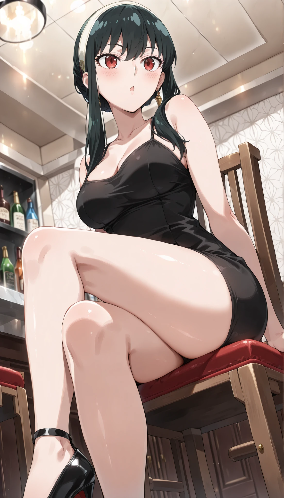 (((Yor Forger(SPY×FAMILY) ))),((cute)),black tight camisole dress,thighs,cleavage,Bare legs,high heels,(((Medium Breasts))),dark haired,bar,Sit on a chair,(low angle),Ulchan - 6500-v1.1, (RAW pictures:1.2), BEAUTIFUL DETAILS, very detailedな目 美しい目,beautiful eyes,red eyes,Large File Size, high resolution, very detailed, top quality, [masterpiece:1.6], Awareness-raising, very detailed, CG, fine, top quality, 8K Wallpaper, perfect body,very detailed