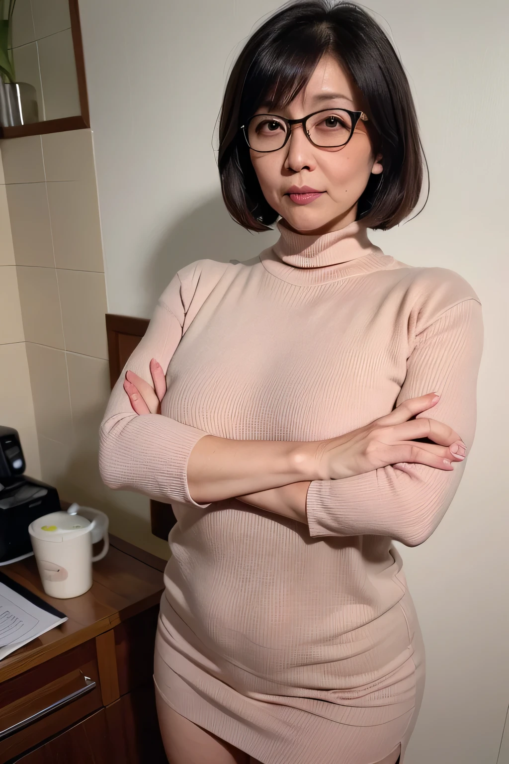 Solo.A woman standing in front of bed in a dimly room at night.She wears A very thin red turtleneck sweater with a black bra showing through, A Beige short mini skirt with the thighs visible.She wears round glasses.High resolution, High level image quality, high detail, masterpiece, rough skin, anatomically correct, sharp, ((japanese mature, 47 years old)), solo, ((facial wrinkles)), good shape big breasts,, Chubby body type (((stand upright, facing the center of the screen.))), Looking at me,Super large udder,Angry expression. Crying expression.Has big breasts of J cup,cross her arms and stand,cross one's arms and stand,Classy women..((Best Quality:1.0)), (Photorealistic:1.3),(Raw photo),(Solo),Sharp Focus,finely detailed,High Quality, High Definition,japanese, 1 Middle Aged Woman,detailed face,(muscular:1.0), ,black short hair..Japanese mature, good shape big breasts,High resolution, High level image quality, high detail, masterpiece, rough skin, anatomically correct, sexy black pantyhose.perfect fingers.Bewitching expression on her face,maternal glance.looking at viewer.Seductive look.straight dark brown hair, with a bob cut that reaches just below the ears. The hair should be smooth and evenly cut, with no bangs. The character's hair should have a slight inward curve at the ends, giving it a soft, rounded appearance. It should look neat and simple, reflecting the hairstyle of Nobita’s mother, Tamako Nobi, from the Japanese cartoon Doraemon