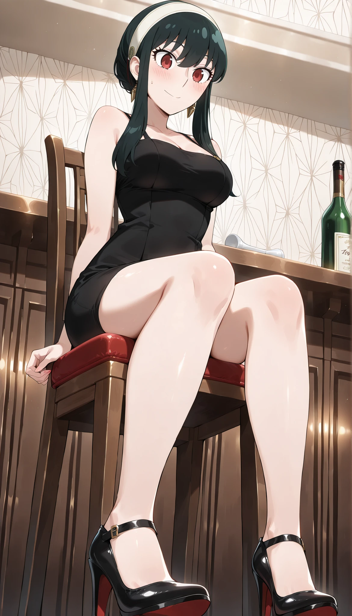 (((Yor Briar(SPY×FAMILY) ))),((cute)),black tight camisole dress,thighs,cleavage,Bare legs,high heels,(((Medium Breasts))),dark haired,bar,Sit on a chair,(low angle),Ulchan - 6500-v1.1, (RAW pictures:1.2), BEAUTIFUL DETAILS, very detailedな目 美しい目,beautiful eyes,red eyes,Large File Size, high resolution, very detailed, top quality, [masterpiece:1.6], Awareness-raising, very detailed, CG, fine, top quality, 8K Wallpaper, perfect body,very detailed