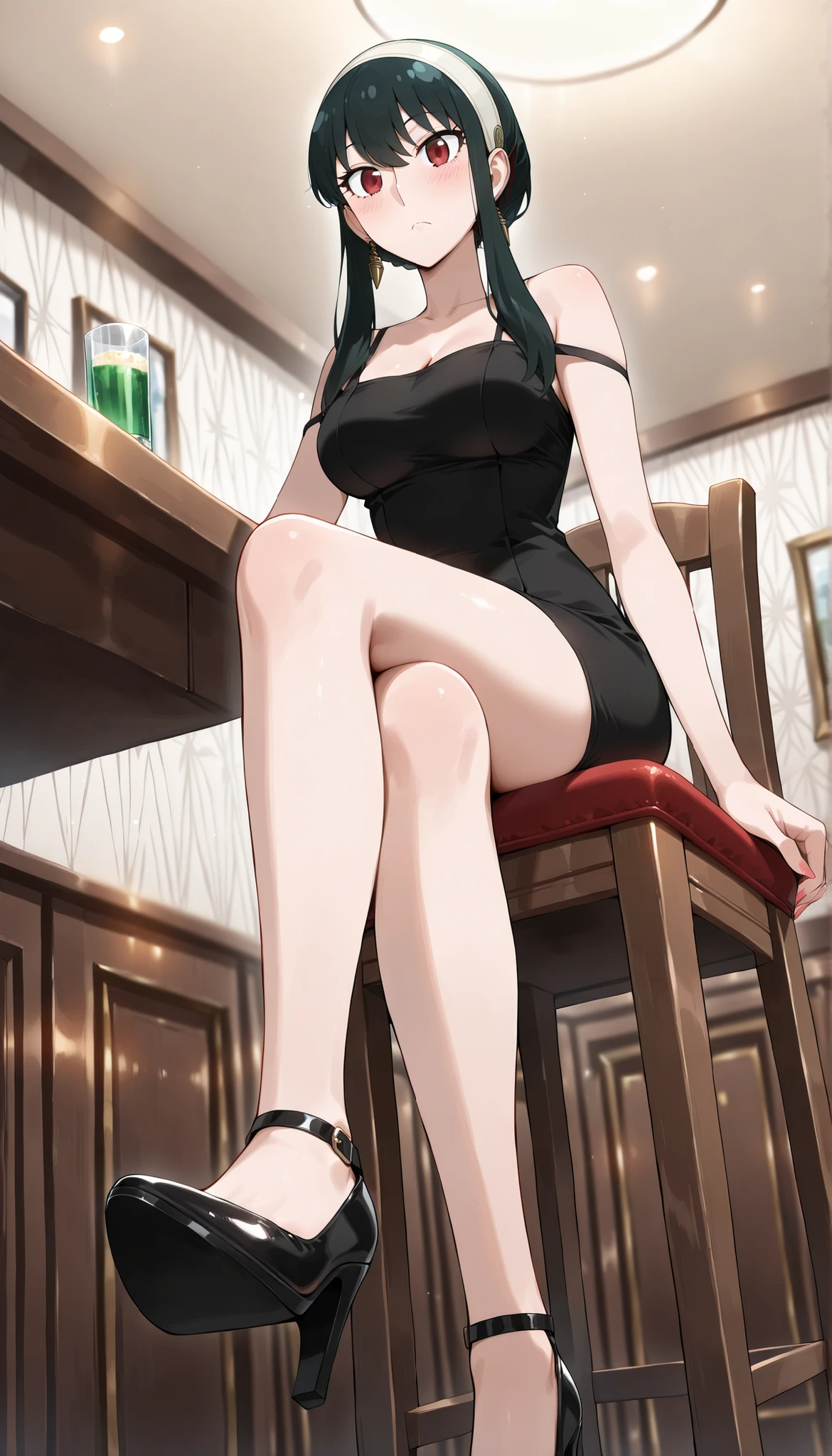 (((Yor Briar(SPY×FAMILY) ))),((cute)),black tight camisole dress,thighs,cleavage,Bare legs,high heels,(((Medium Breasts))),dark haired,bar,Sit on a chair,(low angle),Ulchan - 6500-v1.1, (RAW pictures:1.2), BEAUTIFUL DETAILS, very detailedな目 美しい目,beautiful eyes,red eyes,Large File Size, high resolution, very detailed, top quality, [masterpiece:1.6], Awareness-raising, very detailed, CG, fine, top quality, 8K Wallpaper, perfect body,very detailed