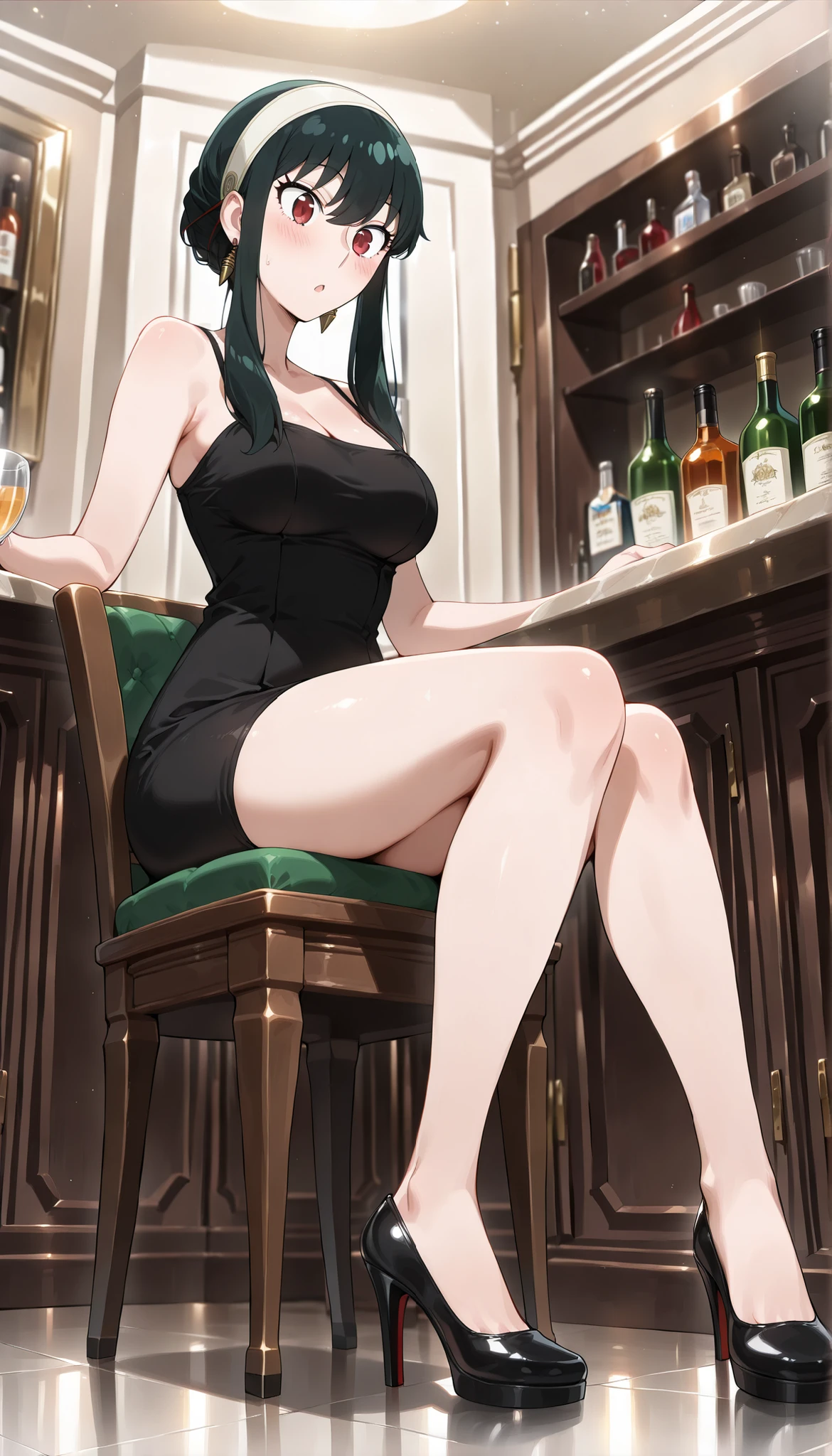 (((Yor Briar(SPY×FAMILY) ))),((cute)),black tight camisole dress,thighs,cleavage,Bare legs,high heels,(((Medium Breasts))),dark haired,bar,Sit on a chair,(low angle),Ulchan - 6500-v1.1, (RAW pictures:1.2), BEAUTIFUL DETAILS, very detailedな目 美しい目,beautiful eyes,red eyes,Large File Size, high resolution, very detailed, top quality, [masterpiece:1.6], Awareness-raising, very detailed, CG, fine, top quality, 8K Wallpaper, perfect body,very detailed