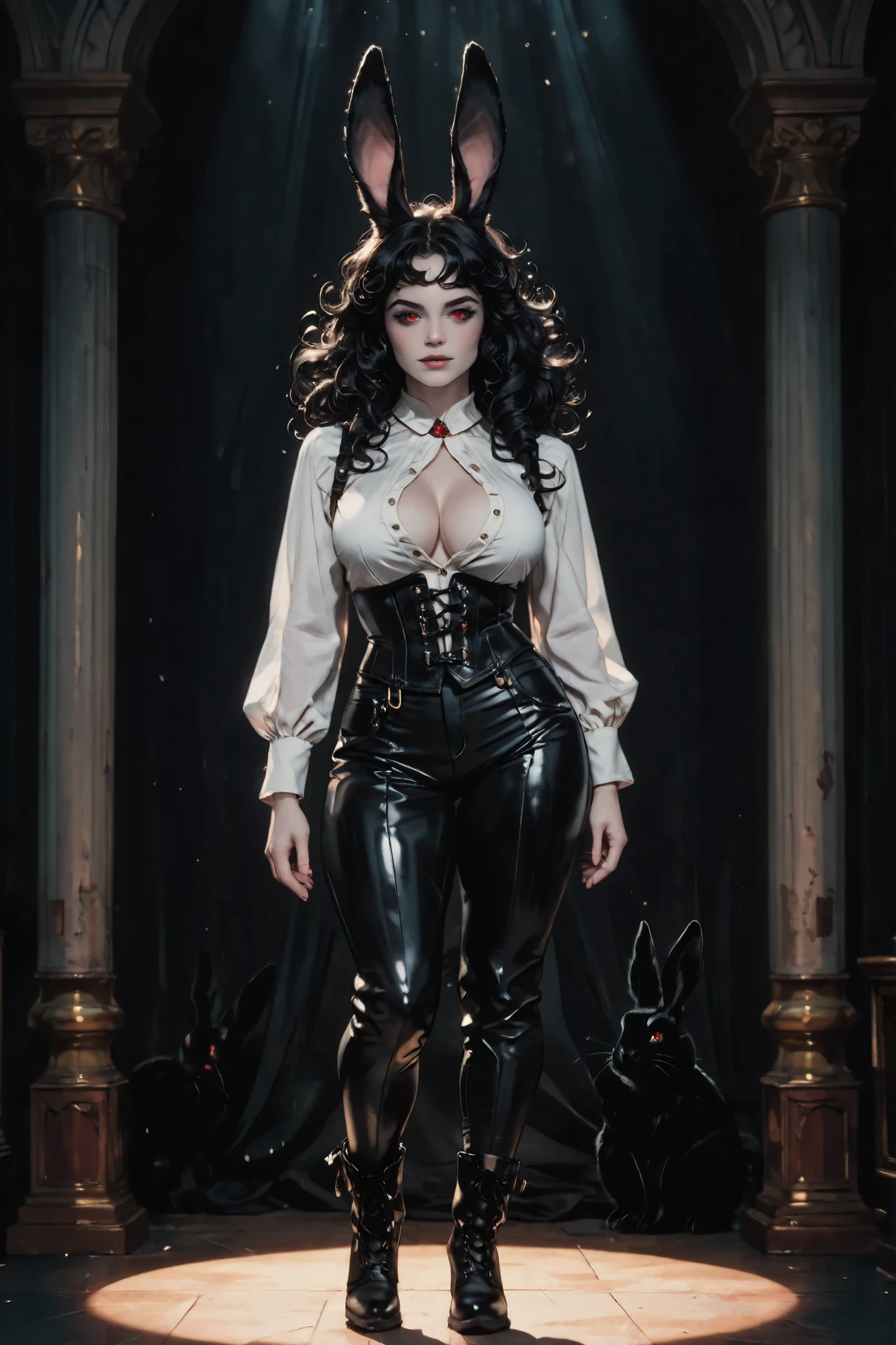 masterpiece, ultra highres, best quality 1 girl, rabbit kin,hybrid, rabbit kin, mature female,short statur, (short stack), curvy figure, wide hips, thick thighs, large breasts, perfect feminine proportions, deep clivage,(pale skin), (messy curly black hair long curly bangs),(red eyes), ((long black rabbit ears)), long coloured eyelashes, defined eyebrow, ((thin nose)), (full kissable lips), elegant face,(wearing an unbuttoned white sheer victorian shirt, corset , leather pants and kneehigh boots), A-pose, full body shot, frontal view, standing pose, confident pose,dramatic lighting, sharp shadows,  strong glowing highlights, high contrast, rim lighting, cel shading, 3d render style, realistic anime art style,adult anime, dark fantasy,soft shading, (empty plain black background), studio lighting, professional photography perfect skin, flawless complexion, subtle blush, glossy lips, detailed skin texture, subsurface scattering
