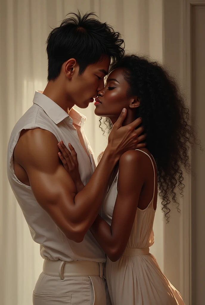 A beautiful Indonesian girl wearing a thin and short white dress with her top open is being held by a young man wearing only underpants and chested.. The girl's eyes were closed as if she was feeling incredible pleasure and the man looked at her with a savage look.