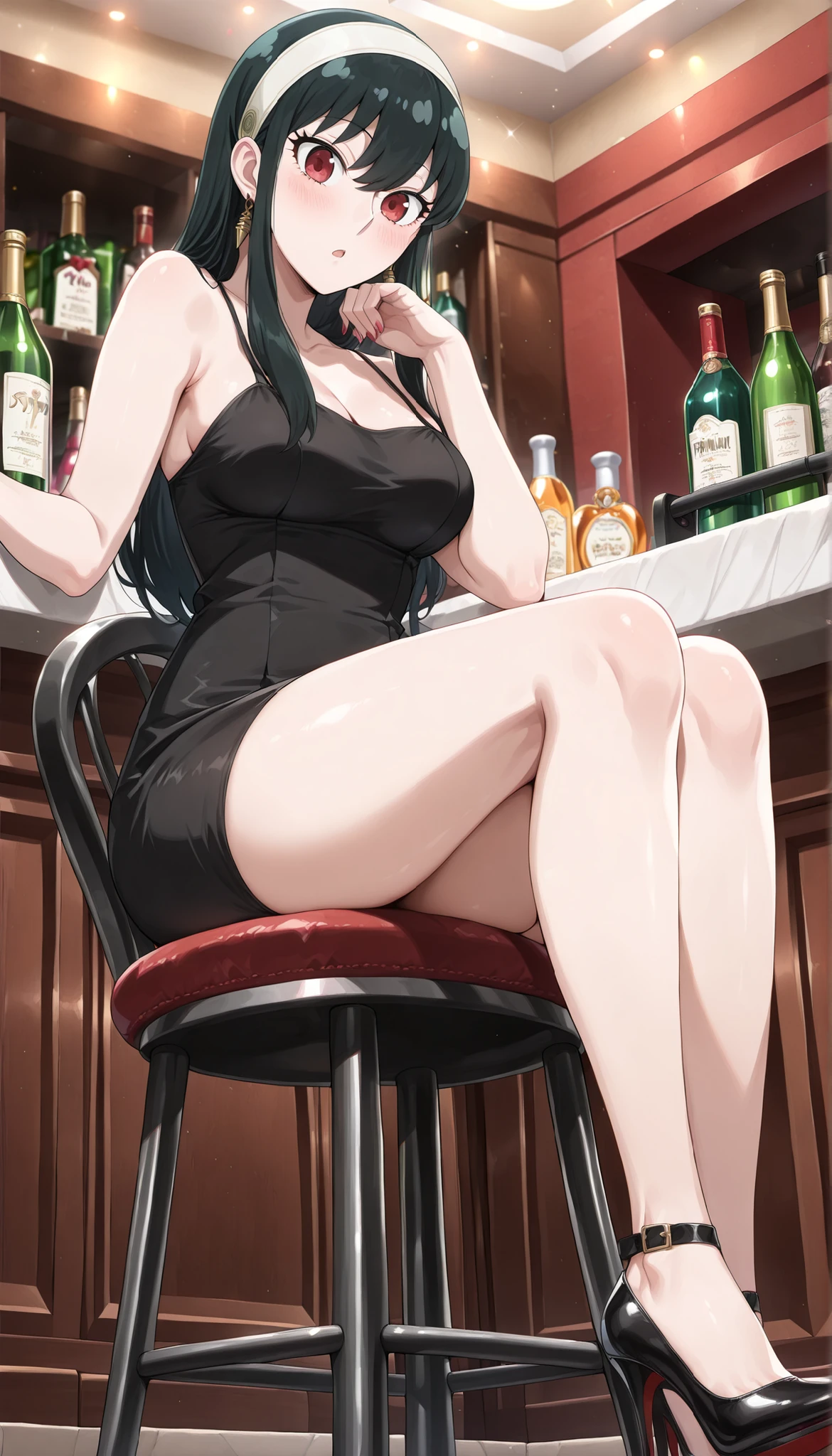 (((Yor Briar(SPY×FAMILY) ))),((cute)),long hair,black tight camisole dress,thighs,cleavage,Bare legs,high heels,(((Medium Breasts))),dark haired,bar,Sit on a chair,(low angle),Ulchan - 6500-v1.1, (RAW pictures:1.2), BEAUTIFUL DETAILS, very detailedな目 美しい目,beautiful eyes,red eyes,Large File Size, high resolution, very detailed, top quality, [masterpiece:1.6], Awareness-raising, very detailed, CG, fine, top quality, 8K Wallpaper, perfect body,very detailed