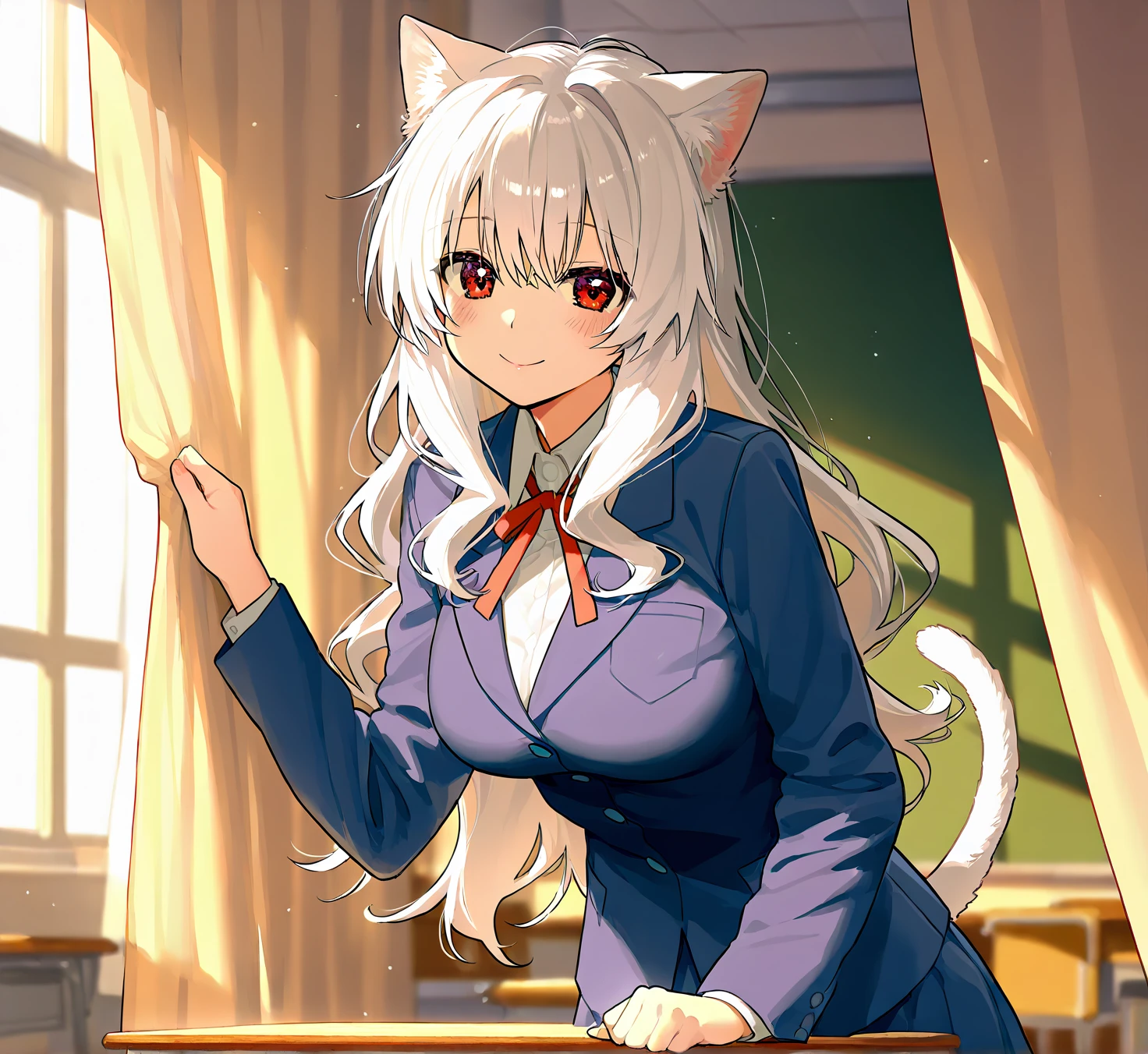  Fox Girl. In a Library. Wearing a school uniform. 