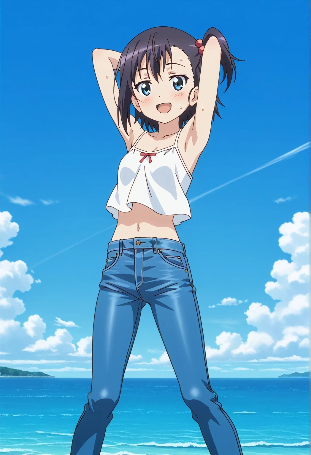 score_9, score_8_up, score_7_up, source_anime, highres, hi res, ((best quality, top quality, perfect quality, Highest Quality, amazing quality)), {{masterpiece}}, {{an extremely delicate and beautiful}}, 2d, intricate details, official style, anime, 8k, anime style, official_anime, official art, digital painting, cell shading, soft shading, high resolution, soothing tones, Subdued Color, Soft cinematic light, adobe lightroom, photolab, HDR, intricately and hyper-detailed, ((high quality animation)), 1 girl, Alone, solo, ((ocean)), tsunami, on the water, day, sunny, outdoors, sky, windy, hikage miyauchi, short hair, blue eyes, black hair, side ponytail, one side up, anime screencap, small breasts, white camisole top, crop top, white crop top, best quality, hyper-detailed jeans, ((blue jeans:1.9)), (dark blue jeans:0.6), full medium body, medium shot, Open mouth, smiling, happy face, blush, sweat, standing, ((arms behind head:6.0)), ((perfect arm line:2.5)), bowlegged, jumping pose, action, looking at viewer, spread legs, Bend knees slightly, straight-on front view