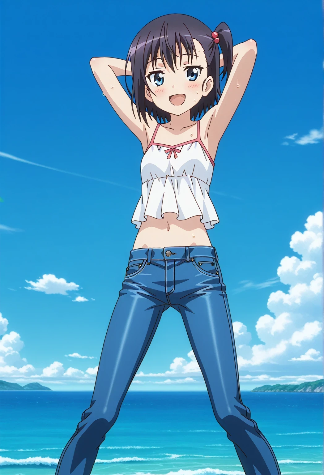 score_9, score_8_up, score_7_up, source_anime, highres, hi res, ((best quality, top quality, perfect quality, Highest Quality, amazing quality)), {{masterpiece}}, {{an extremely delicate and beautiful}}, 2d, intricate details, official style, anime, 8k, anime style, official_anime, official art, digital painting, cell shading, soft shading, high resolution, soothing tones, Subdued Color, Soft cinematic light, adobe lightroom, photolab, HDR, intricately and hyper-detailed, ((high quality animation)), 1 girl, Alone, solo, ((ocean)), tsunami, on the water, day, sunny, outdoors, sky, windy, hikage miyauchi, short hair, blue eyes, black hair, side ponytail, one side up, anime screencap, small breasts, white camisole top, crop top, white crop top, best quality, hyper-detailed jeans, ((blue jeans:1.9)), (dark blue jeans:0.6), full medium body, medium shot, Open mouth, smiling, happy face, blush, sweat, standing, ((arms behind head:6.0)), ((perfect arm line:2.5)), bowlegged, jumping pose, action, looking at viewer, spread legs, Bend knees slightly, straight-on front view