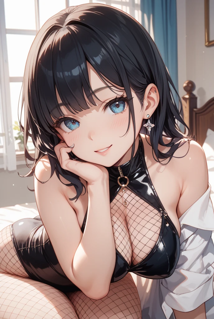 (1girl:1.3, solo), (night situation:1.5), (Masterpiece, best quality, photorealistic, highres, photography, :1.3), ultra-detailed, sharp focus, professional photo, commercial photo, (upper body:1.3, bust-up portrait), (From Below:1.2), 1girl, girl on top, (leaning forward:1.3),
BREAK, 
1 brunette girl, solo, European girl, hot model, highly detailed eyes and pupils, realistic skin, (attractive body, large breast:1.25, thin waist:1.15), thin half-up hair, single hair, extremely detailed hair, delicate sexy face, sensual gaze, shiny lips, red nail, 
BREAK, 
short sleeve, (black shirt dress), (esthetician uniforms:1.3), (black luxury lace bra:1.3), (black luxury lace panty:1.3), 
(cleavage cutout), (open shirt),  (oil skin), (shiny skin), (black stocking:1.3, zettairyouiki:1.3),  
BREAK, 
(Private esthetic room, in beauty salon, on bed:1.1), 
(Many bottles of aroma oil:1.0), 
(many brown towels:1.2), 
BREAK
dark room, indirect lighting, (night:1.3),
BREAK, 
(attractive posing), ((realistic, super realistic, realism, realistic detail)), perfect anatomy, perfect proportion, bokeh, depth of field, hyper sharp image, (attractive emotion, seductive smile:1.2, happy:1.2, blush:1.2, :d:1.2, :p:1.2), 4fingers and thumb, perfect human hands,