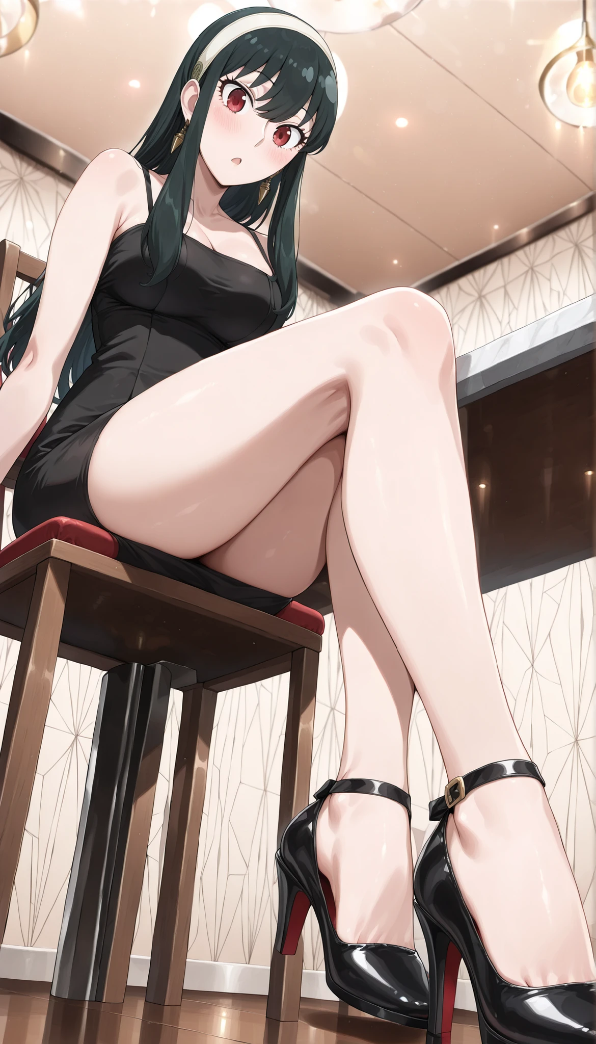 (((Yor Briar(SPY×FAMILY) ))),((cute)),((long  hair)),black tight camisole dress,thighs,cleavage,Bare legs,high heels,(((Medium Breasts))),dark haired,bar,Sit on a chair,(low angle),Ulchan - 6500-v1.1, (RAW pictures:1.2), BEAUTIFUL DETAILS, very detailedな目 美しい目,beautiful eyes,red eyes,Large File Size, high resolution, very detailed, top quality, [masterpiece:1.6], Awareness-raising, very detailed, CG, fine, top quality, 8K Wallpaper, perfect body,very detailed