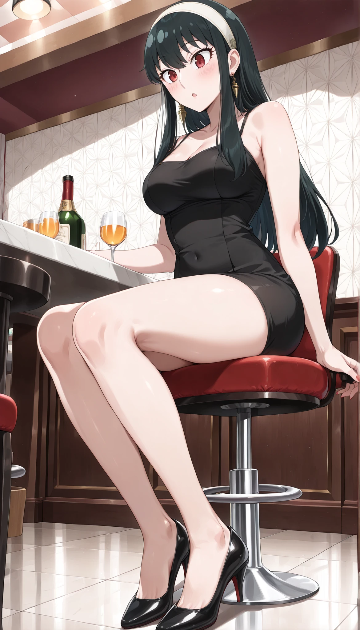 (((Yor Briar(SPY×FAMILY) ))),((cute)),((long  hair)),black tight camisole dress,thighs,cleavage,Bare legs,high heels,(((Medium Breasts))),dark haired,bar,Sit on a chair,(low angle),Ulchan - 6500-v1.1, (RAW pictures:1.2), BEAUTIFUL DETAILS, very detailedな目 美しい目,beautiful eyes,red eyes,Large File Size, high resolution, very detailed, top quality, [masterpiece:1.6], Awareness-raising, very detailed, CG, fine, top quality, 8K Wallpaper, perfect body,very detailed