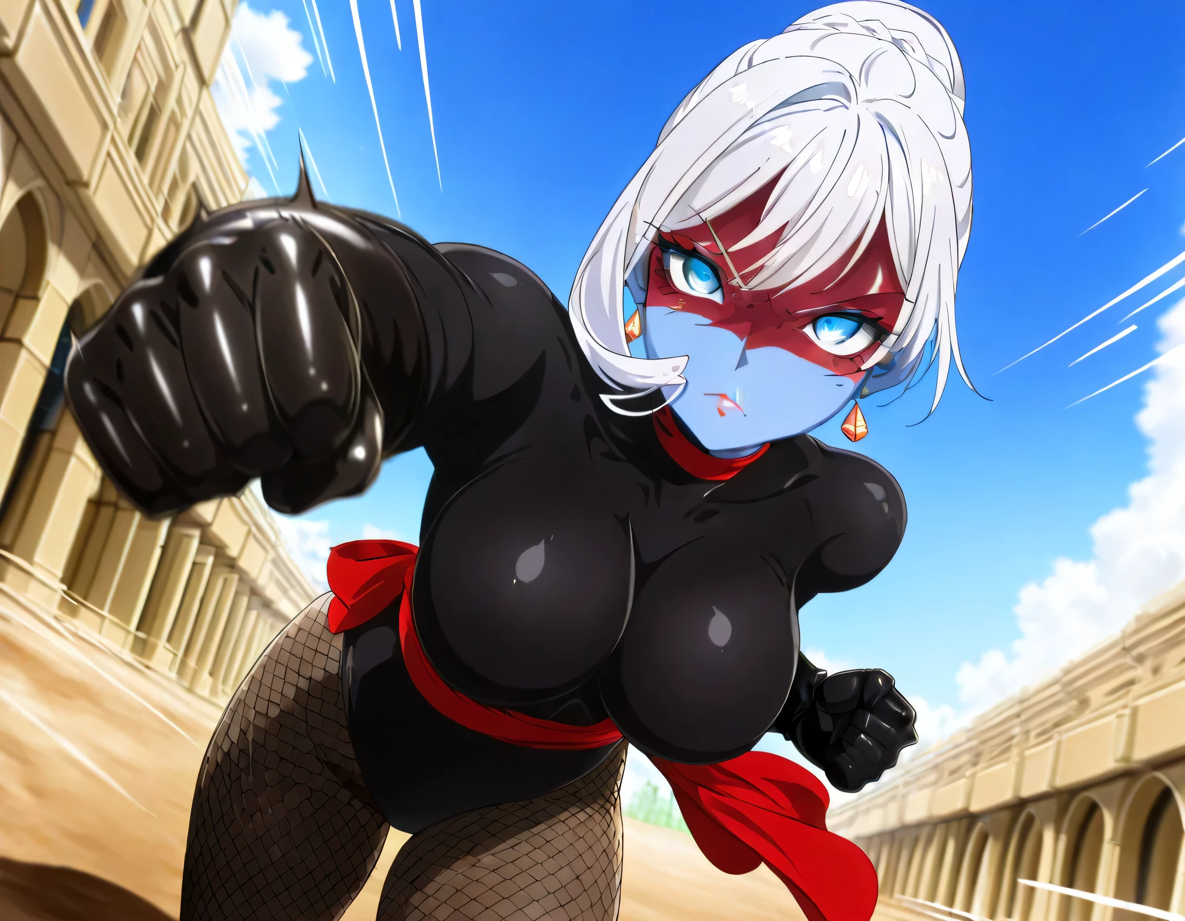 (((Masterpiece))), (((Best Quality))), ((Super Detail)), ultra-High resolution, score_9,score_8_up,score_7_up,score_6_up,score_5_up,score_4_up, BREAK, source_anime, anime screencap, uncensored, Masterpiece, (best shadow), (absurdres), (detailed background), (very aesthetic), detailed beautiful eyes, outstanding, an exquisite animation illustration, curvy, highres, dark persona, empty eyes, blank eyes, shocker, black leotard, latex elbow gloves, brown fishnet pantyhose, blue skin, colored skin, red sash, makeup, shaded face, red skin, (((solo, 1girl))), hair ornament, seductive pose, submissive pose, anime style, anime coloring, animification, megami magazine, sexy pose, large breast, blue eyes, white hair, braid, single hair bun, earrings, cinematic angle, dynamic angle, dutch angle, outdoor, pepe punch, looking at viewer, angry, serious, foreshortening, punching, incoming punch, incoming attack, speed line, fist, running, leaning forward, punching at viewer, serious, dappled light, sunbeam, sunlight, sky, blue sky, wide eyes, closed mouth