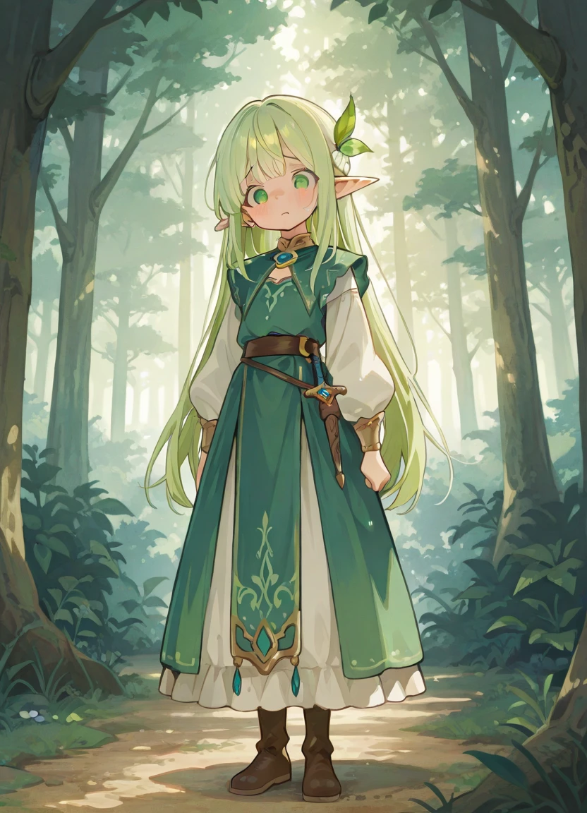 Masterpiece, Best Quality, high resolution, (), girl, goblin, greenish skin, small busts, female goblin clothing, has a spear, shy face, he is afraid, is in the forest, she has golden eyes