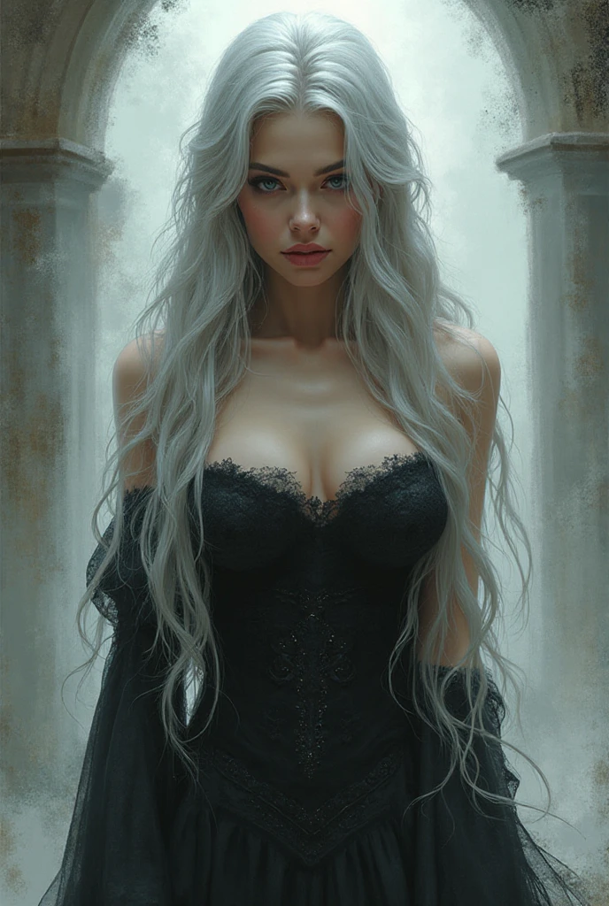 Secret two-tone picture of a woman with long silver hair with wide breasts