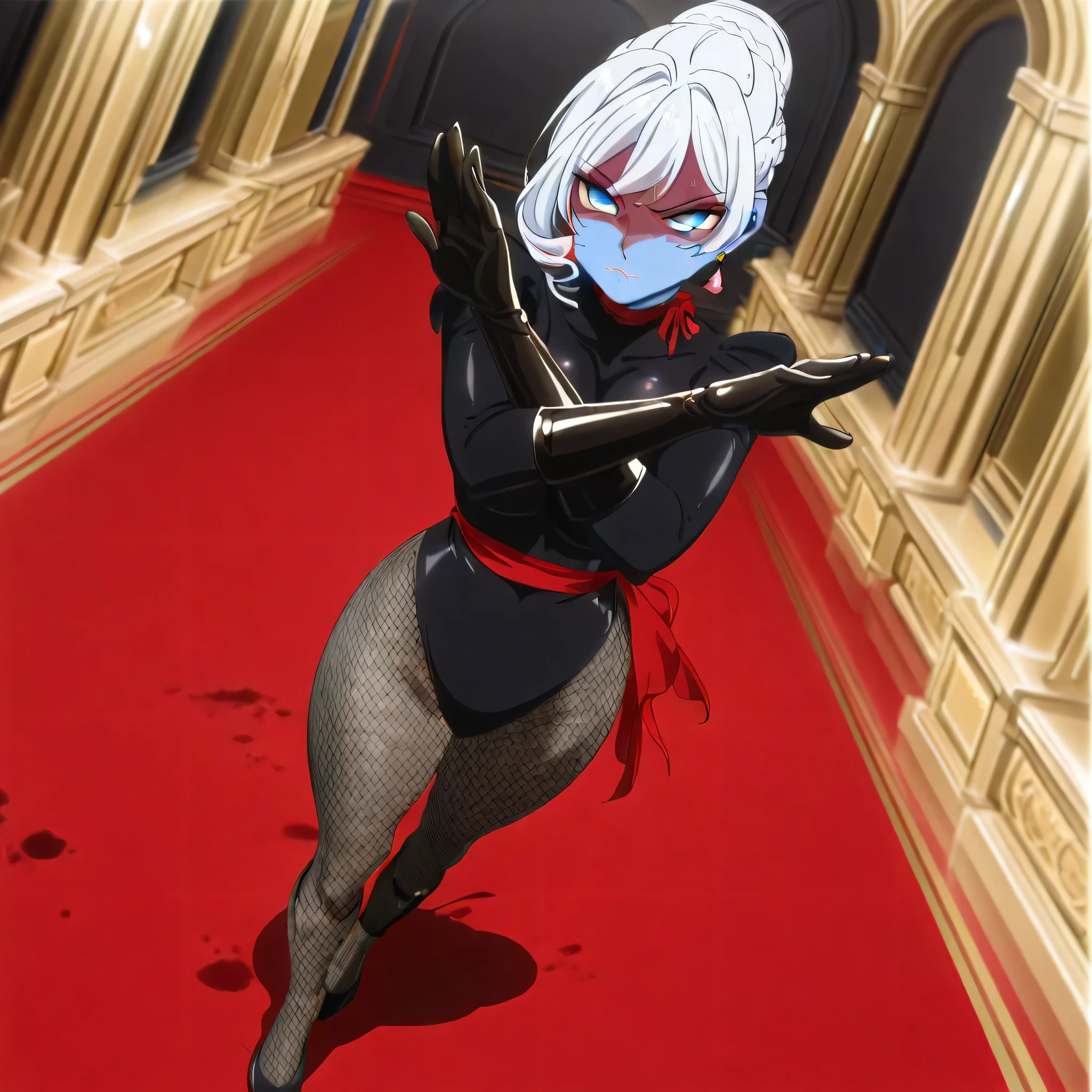 (((Masterpiece))), (((Best Quality))), ((Super Detail)), ultra-High resolution, score_9,score_8_up,score_7_up,score_6_up,score_5_up,score_4_up, BREAK, source_anime, anime screencap, uncensored, Masterpiece, (best shadow), (absurdres), (detailed background), (very aesthetic), detailed beautiful eyes, outstanding, an exquisite animation illustration, curvy, highres, dark persona, empty eyes, blank eyes, shocker, black leotard, latex elbow gloves, brown fishnet pantyhose, blue skin, colored skin, red sash, makeup, shaded face, red skin, (((solo, 1girl))), hair ornament, seductive pose, submissive pose, anime style, anime coloring, animification, megami magazine, sexy pose, large breast, blue eyes, white hair, braid, single hair bun, earrings, cinematic angle, dynamic angle, dutch angle, indoor, red rose, fighting stance, angry, serious, closed mouth, fighting, fighting pose, dynamic pose, action pose, full body, blood splatter, indoor, ballroom, standing, dark room, dynamic background, speed line, motion line