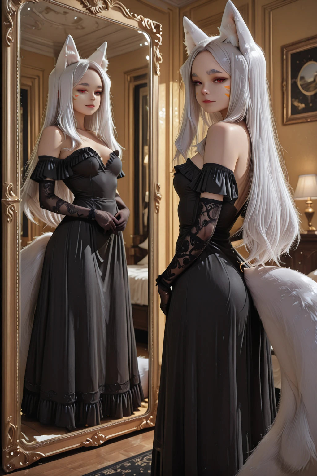 ((masterpiece:1.5,Highest quality,Highly detailed images,Beautiful images、Realistic、Photorealistic、2.5D))(1girl, solo)(medium breasts, white hair, black eyes, Healthy legs、Tight ass、Beautiful cleavage)(Fantasy dresses、Fantasy Clothes、Battle Dress from Another World、Deep slit)(wind, floating hair)(Inside the castle、Audience Chamber）
