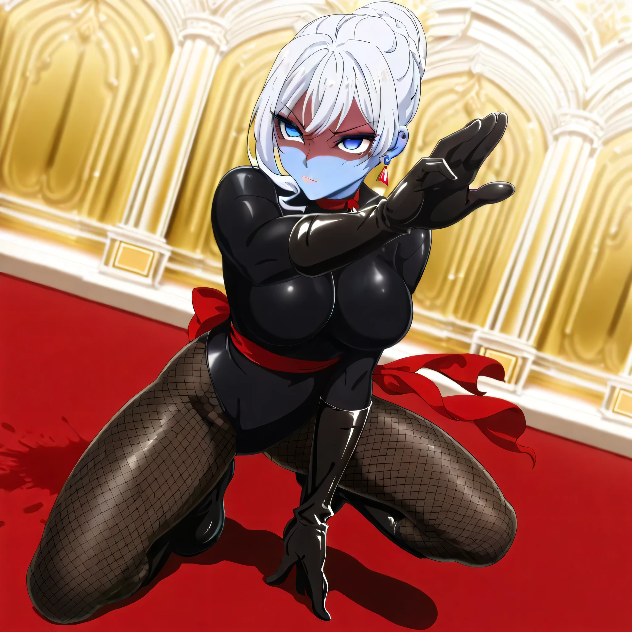 (((Masterpiece))), (((Best Quality))), ((Super Detail)), ultra-High resolution, score_9,score_8_up,score_7_up,score_6_up,score_5_up,score_4_up, BREAK, source_anime, anime screencap, uncensored, Masterpiece, (best shadow), (absurdres), (detailed background), (very aesthetic), detailed beautiful eyes, outstanding, an exquisite animation illustration, curvy, highres, dark persona, empty eyes, blank eyes, shocker, black leotard, latex elbow gloves, brown fishnet pantyhose, blue skin, colored skin, red sash, makeup, shaded face, red skin, (((solo, 1girl))), hair ornament, seductive pose, submissive pose, anime style, anime coloring, animification, megami magazine, sexy pose, large breast, blue eyes, white hair, braid, single hair bun, earrings, cinematic angle, dynamic angle, dutch angle, indoor, red rose, fighting stance, angry, serious, closed mouth, fighting, fighting pose, dynamic pose, action pose, full body, blood splatter, indoor, ballroom,