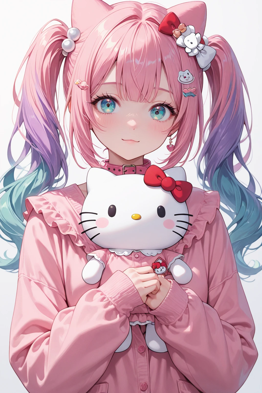 best quality, 4K wallpaper, masterpiece, extremely detailed CG unity 8k wallpaper, extremely detailed eyes, ultra-detailed, intricate details, 
1girl, scifi, (h1c4tt3ch mecha, hugging hello kitty doll, cyberpunk, neon city happy, smile, hello kitty, adorable, cute, dynamic pose